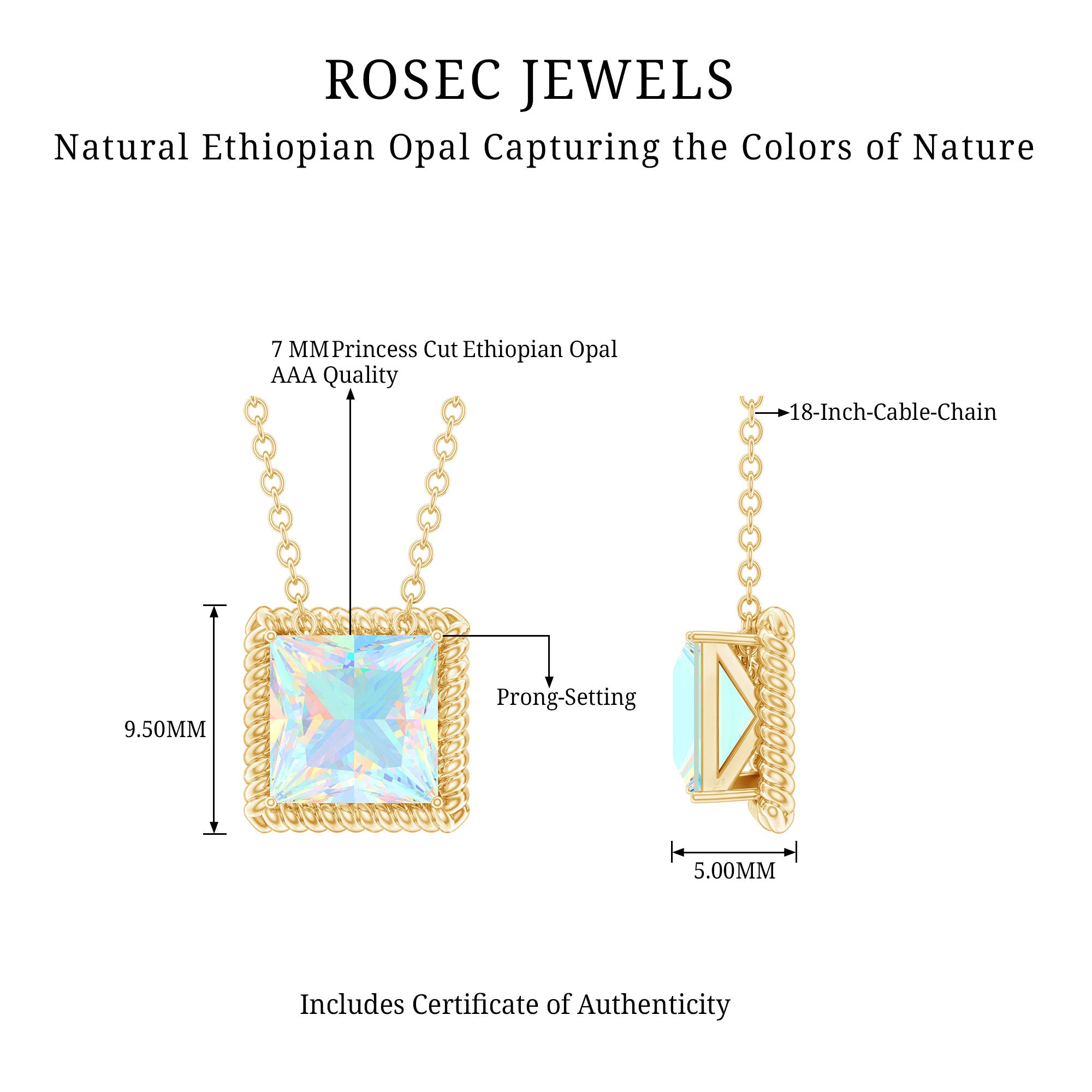 7 MM Princess Cut Ethiopian Opal Solitaire Necklace with Rope Frame AAA - Rosec Jewels