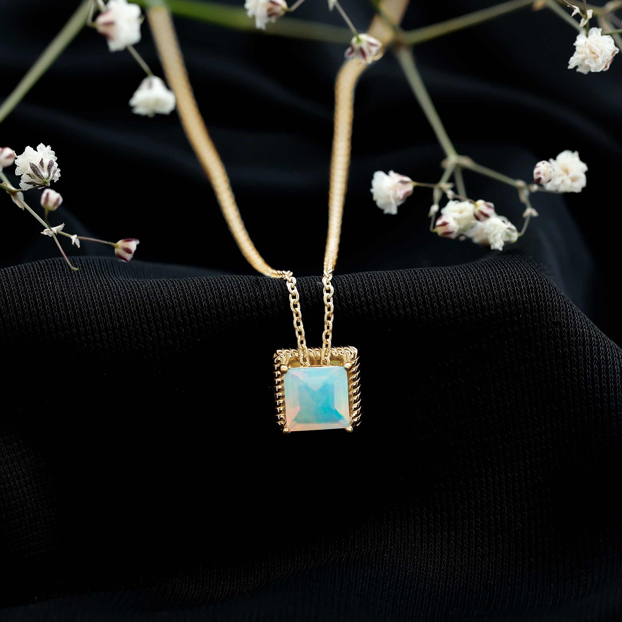 7 MM Princess Cut Ethiopian Opal Solitaire Necklace with Rope Frame AAA - Rosec Jewels