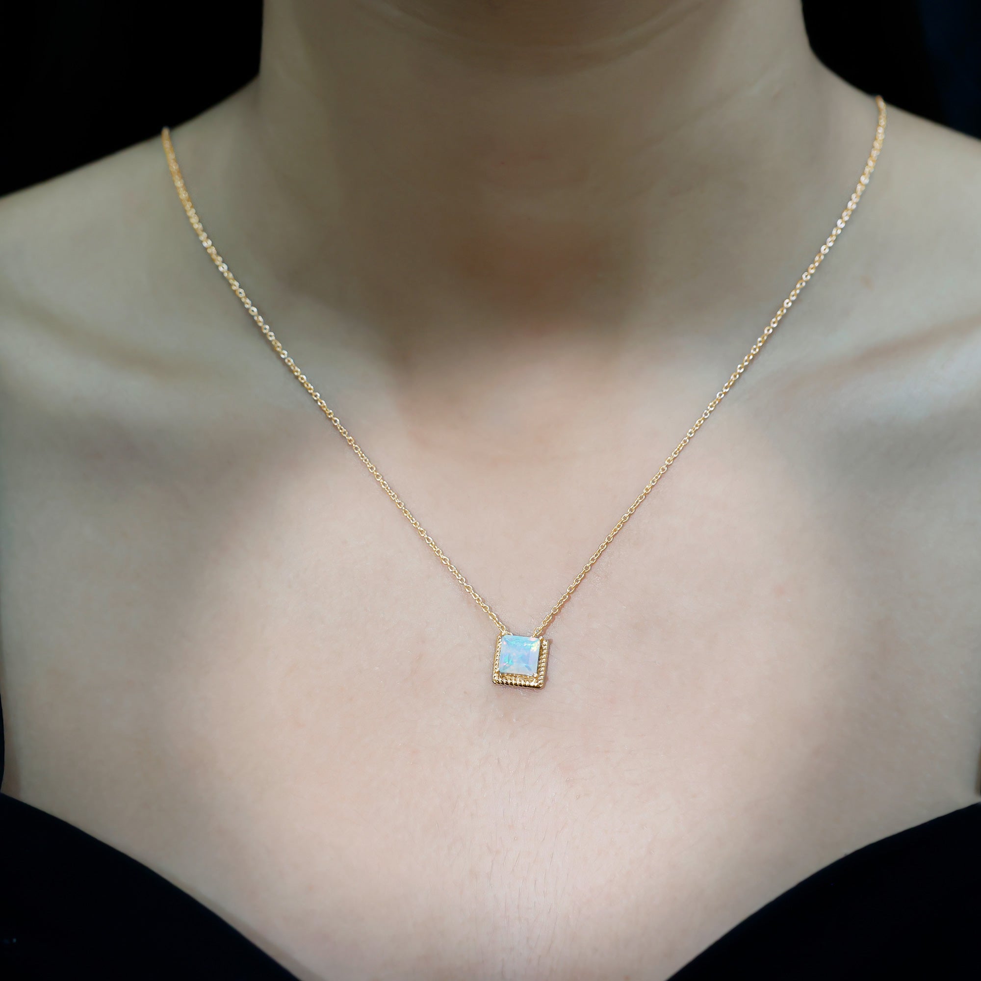 7 MM Princess Cut Ethiopian Opal Solitaire Necklace with Rope Frame AAA - Rosec Jewels
