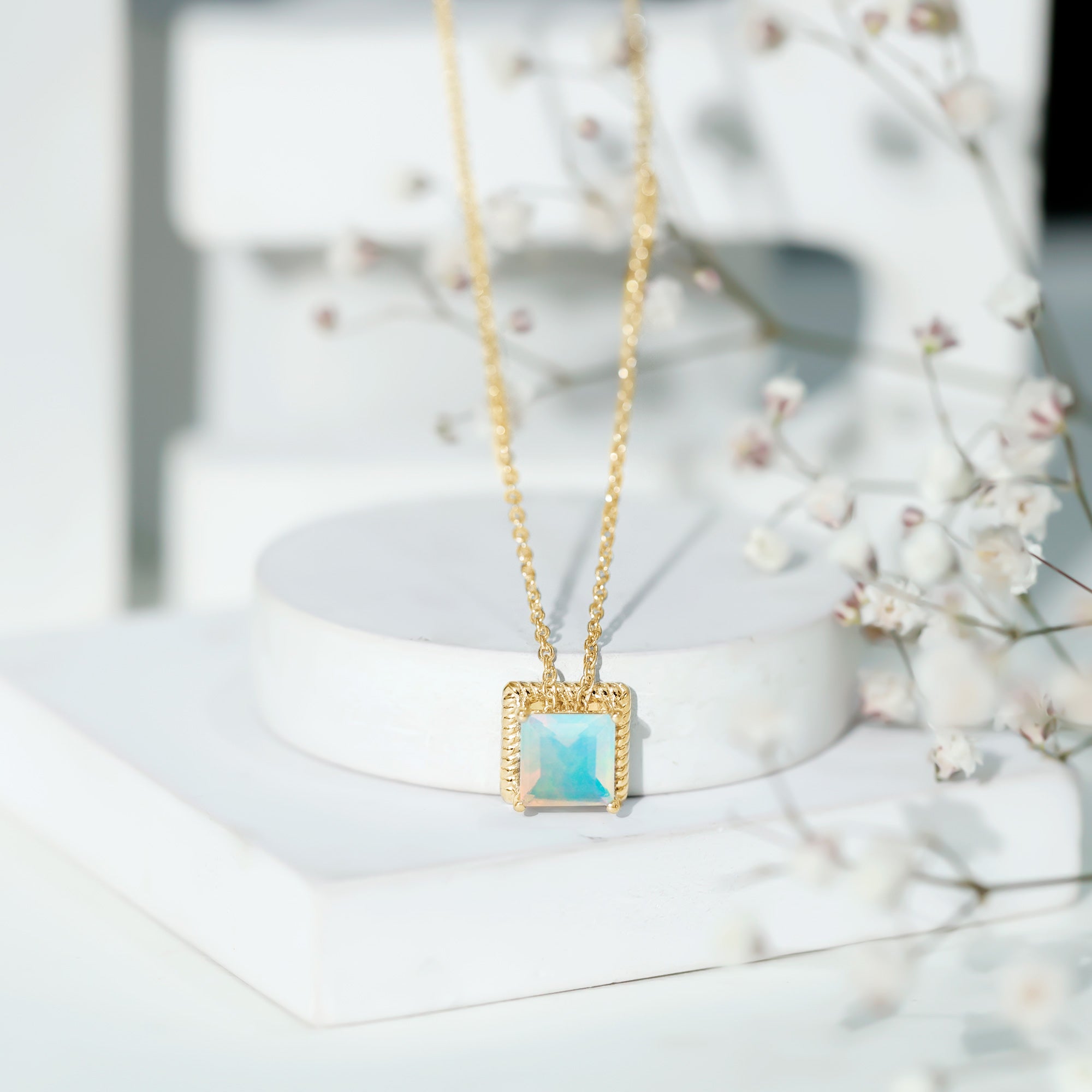 7 MM Princess Cut Ethiopian Opal Solitaire Necklace with Rope Frame AAA - Rosec Jewels