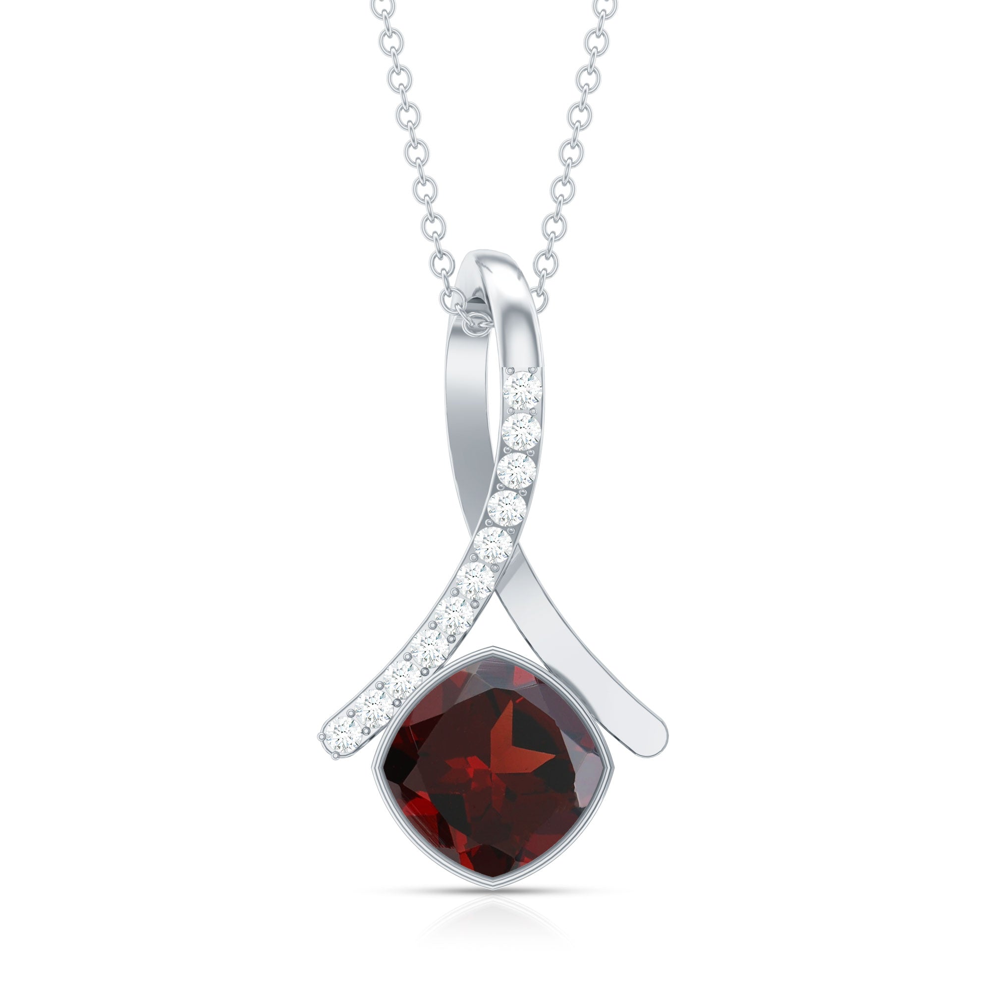 3 Carat Cushion Cut Garnet Solitaire Pendant with Diamond Twisted Bail AAA - Rosec Jewels