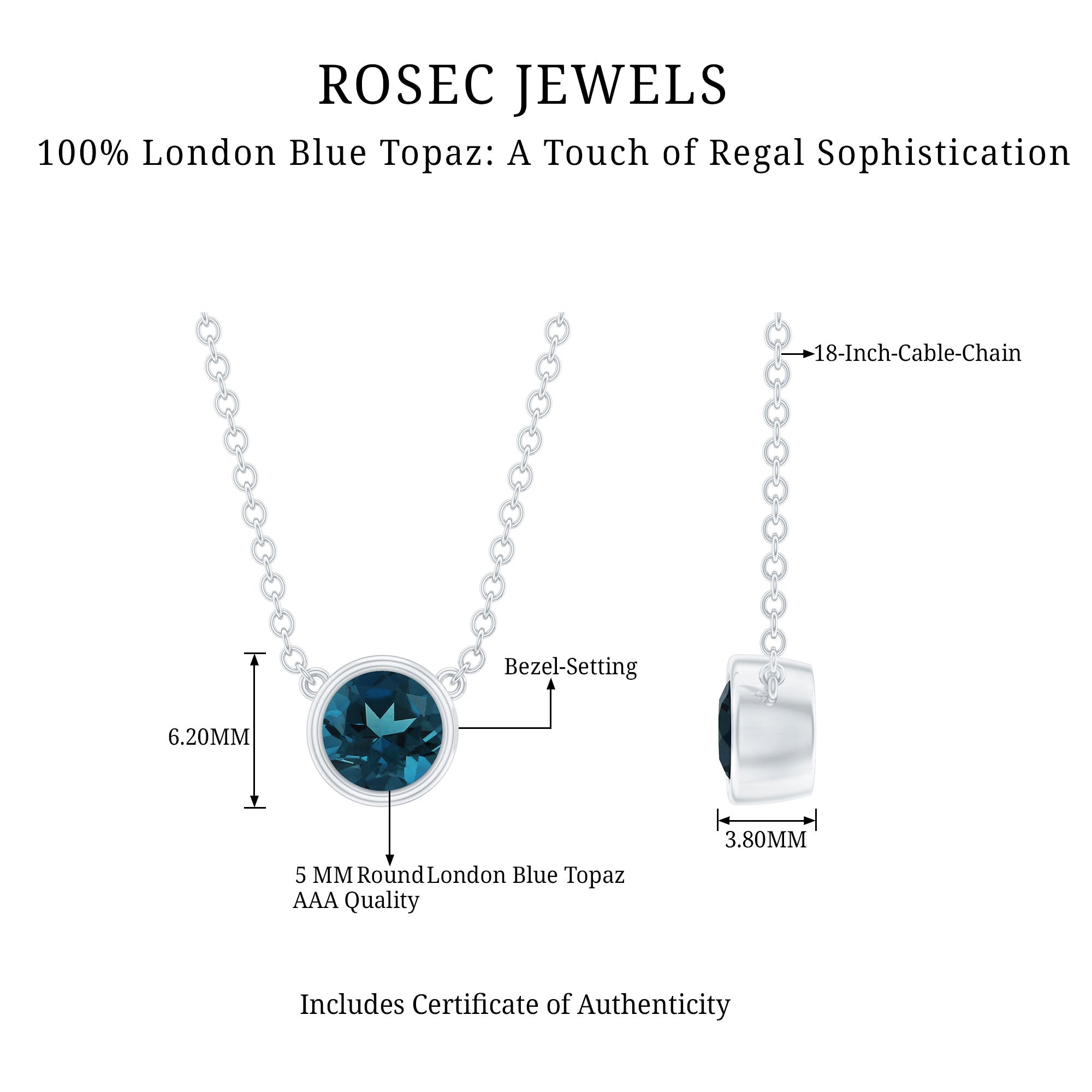 0.6 Carat Round London Blue Topaz Solitaire Necklace in Bezel Setting AAA - Rosec Jewels