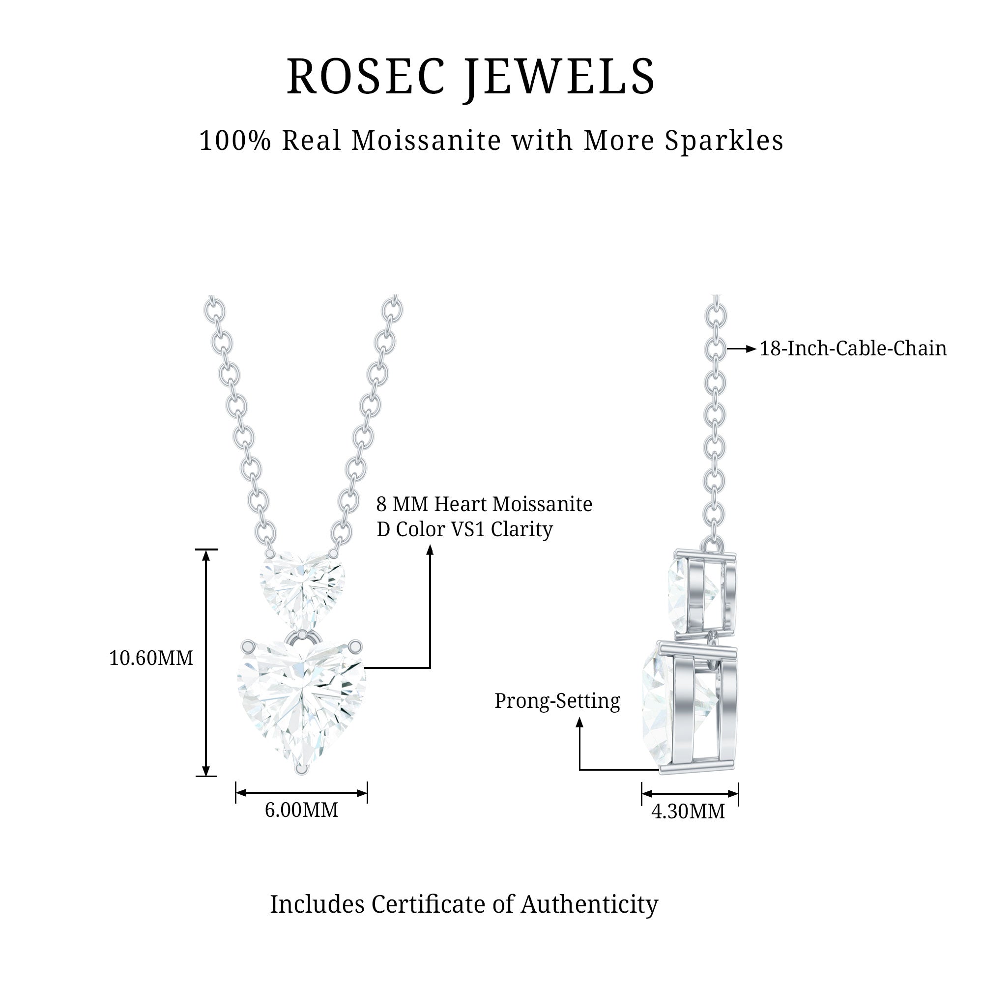 Certified Moissanite Double Heart Necklace in Prong Setting D-VS1 - Rosec Jewels