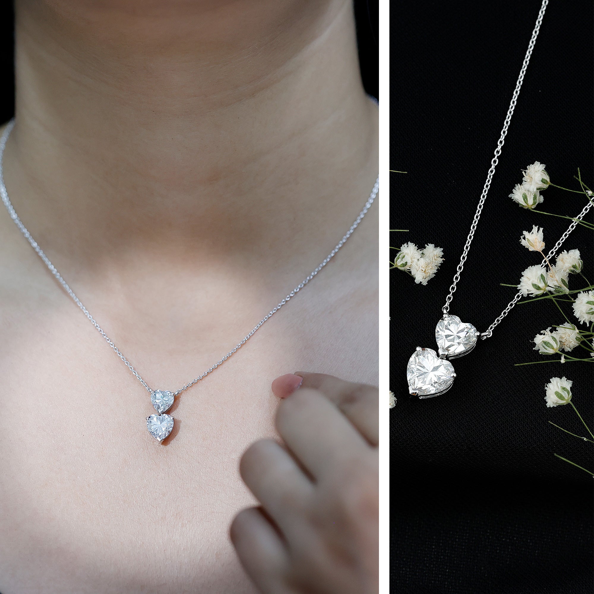 Certified Moissanite Double Heart Necklace in Prong Setting D-VS1 - Rosec Jewels