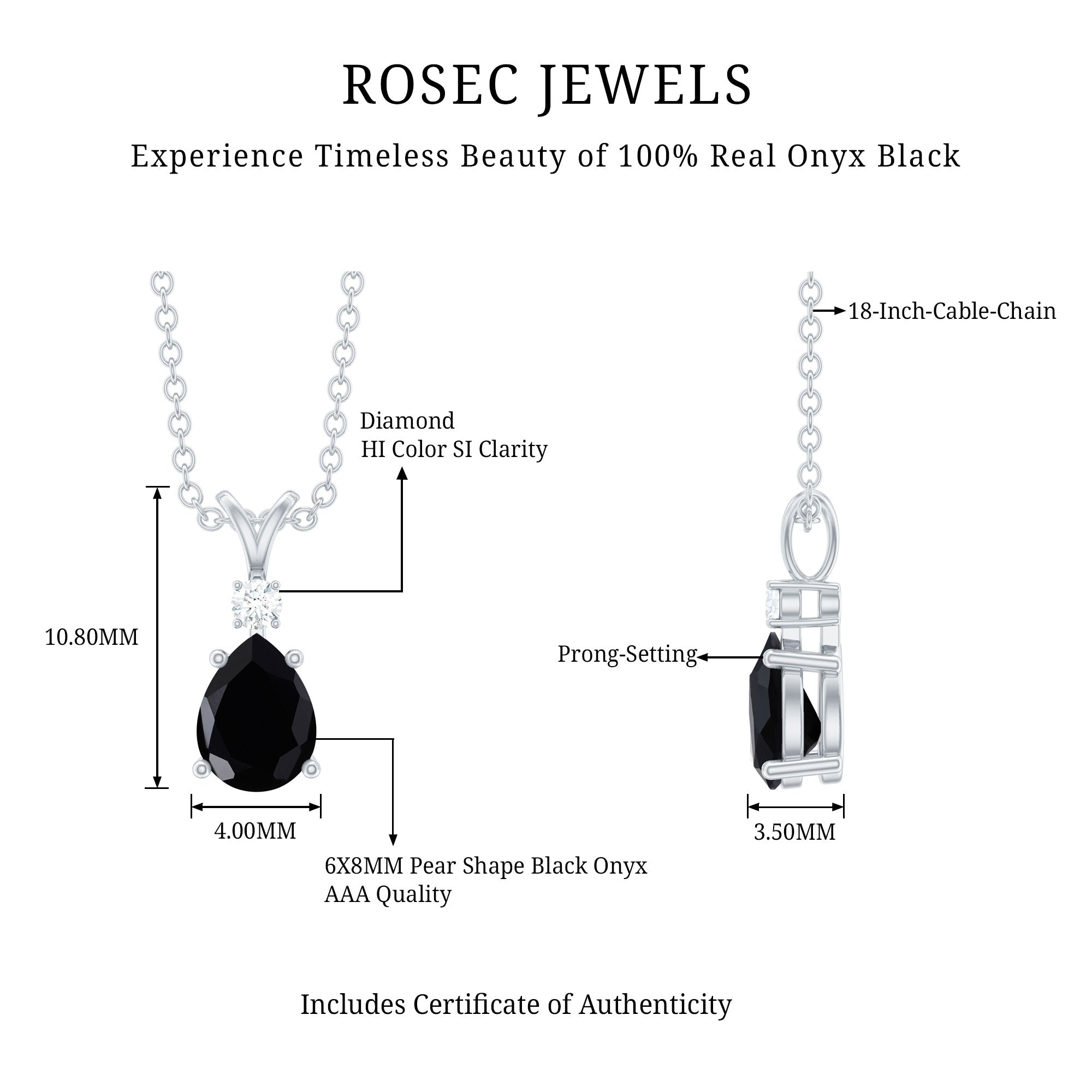 Pear Shape Black Onyx Solitaire Pendant with Diamond AAA - Rosec Jewels
