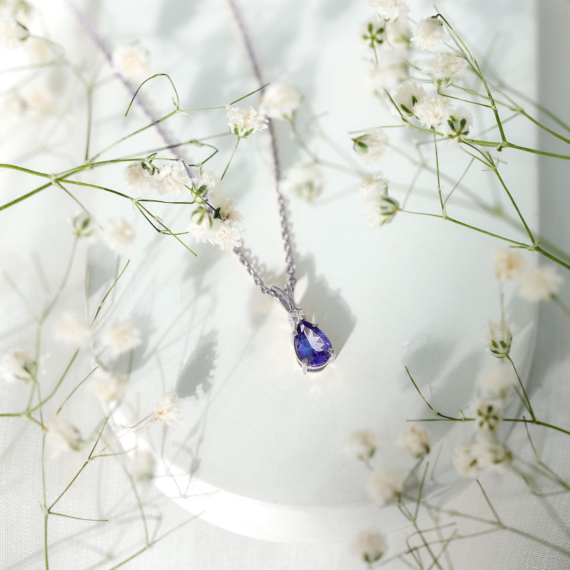 Real Tanzanite Teardrop Pendant Necklace with Diamond AAA - Rosec Jewels