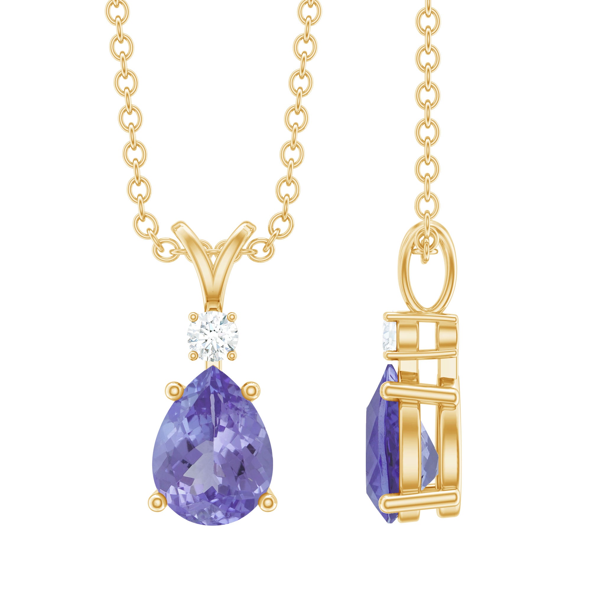 Real Tanzanite Teardrop Pendant Necklace with Diamond AAA - Rosec Jewels