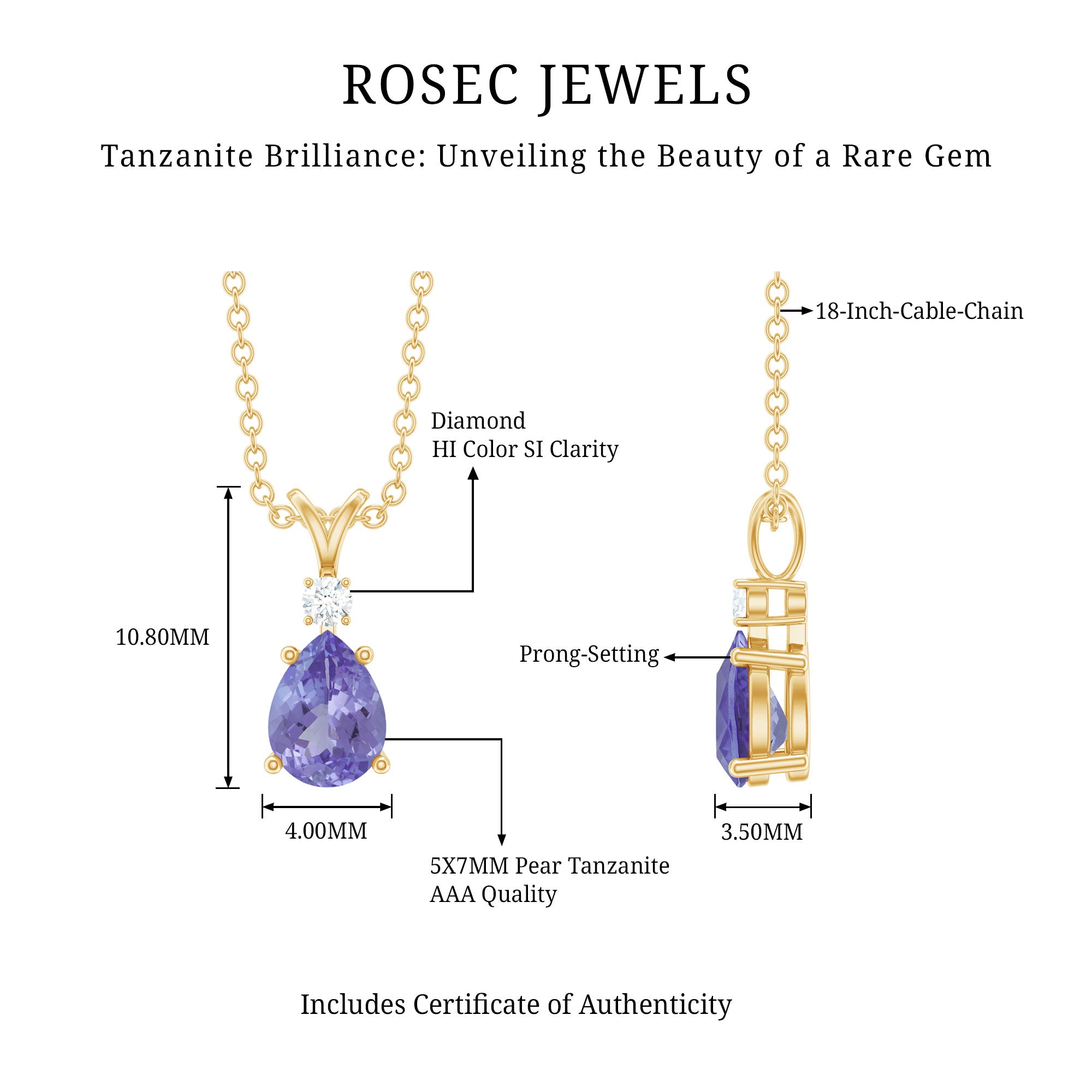 Real Tanzanite Teardrop Pendant Necklace with Diamond AAA - Rosec Jewels