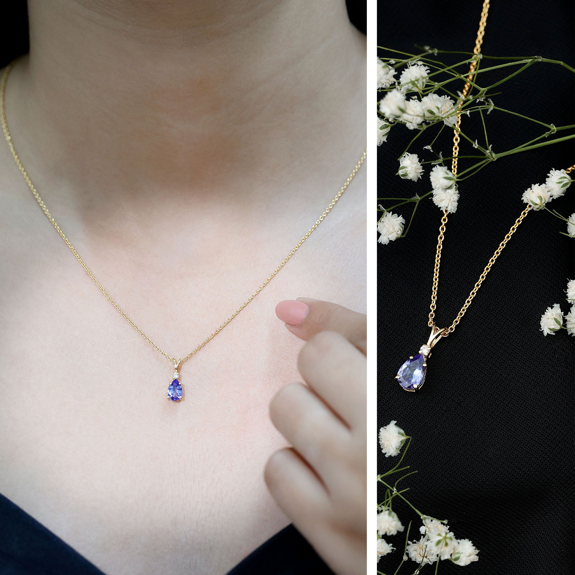 Real Tanzanite Teardrop Pendant Necklace with Diamond AAA - Rosec Jewels