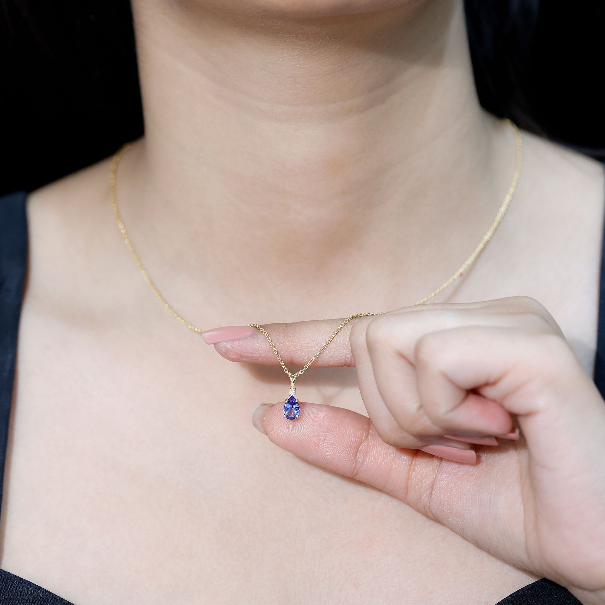 Real Tanzanite Teardrop Pendant Necklace with Diamond AAA - Rosec Jewels