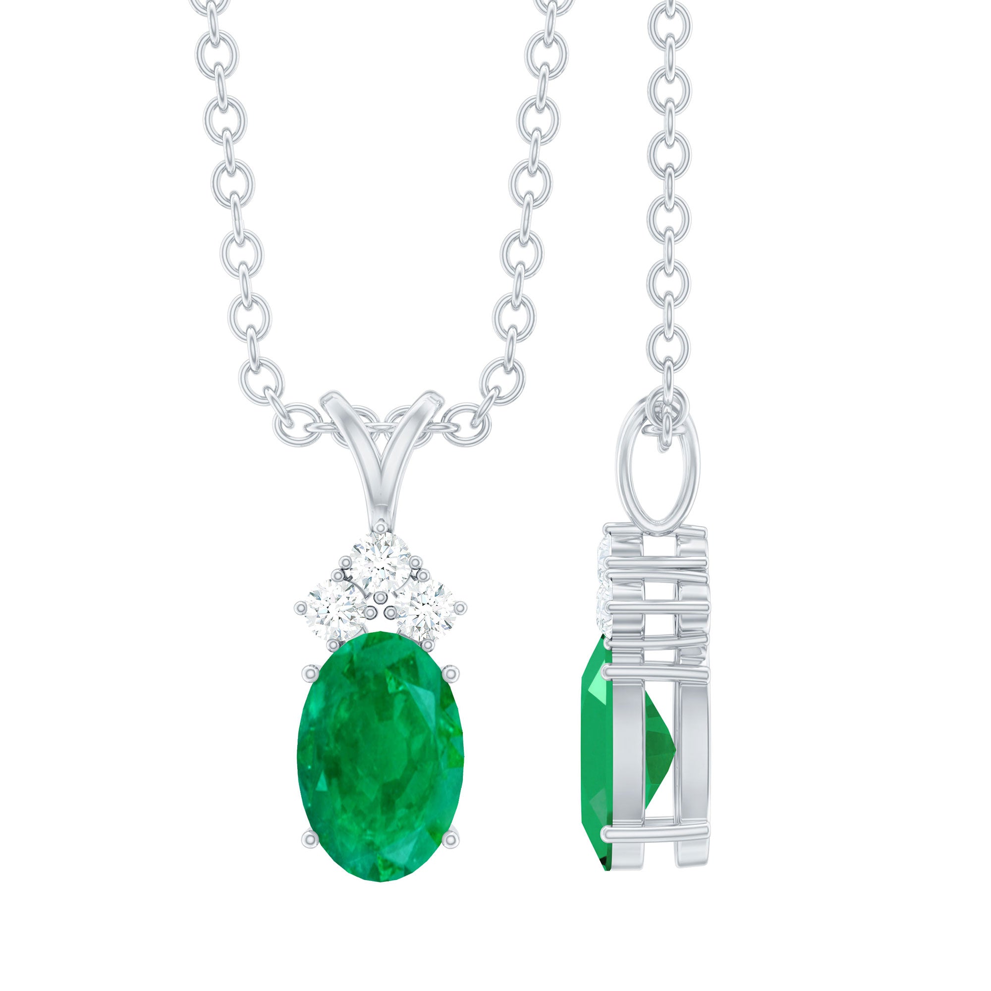 Simple Emerald Oval Pendant Necklace with Diamond Trio