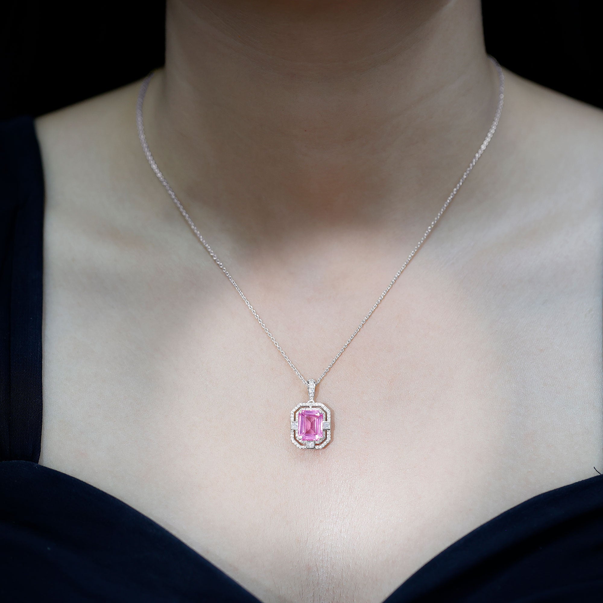 2.7 Carat Lab Created Pink Sapphire Emerald Cut Pendant with Moissanite AAAA - Rosec Jewels