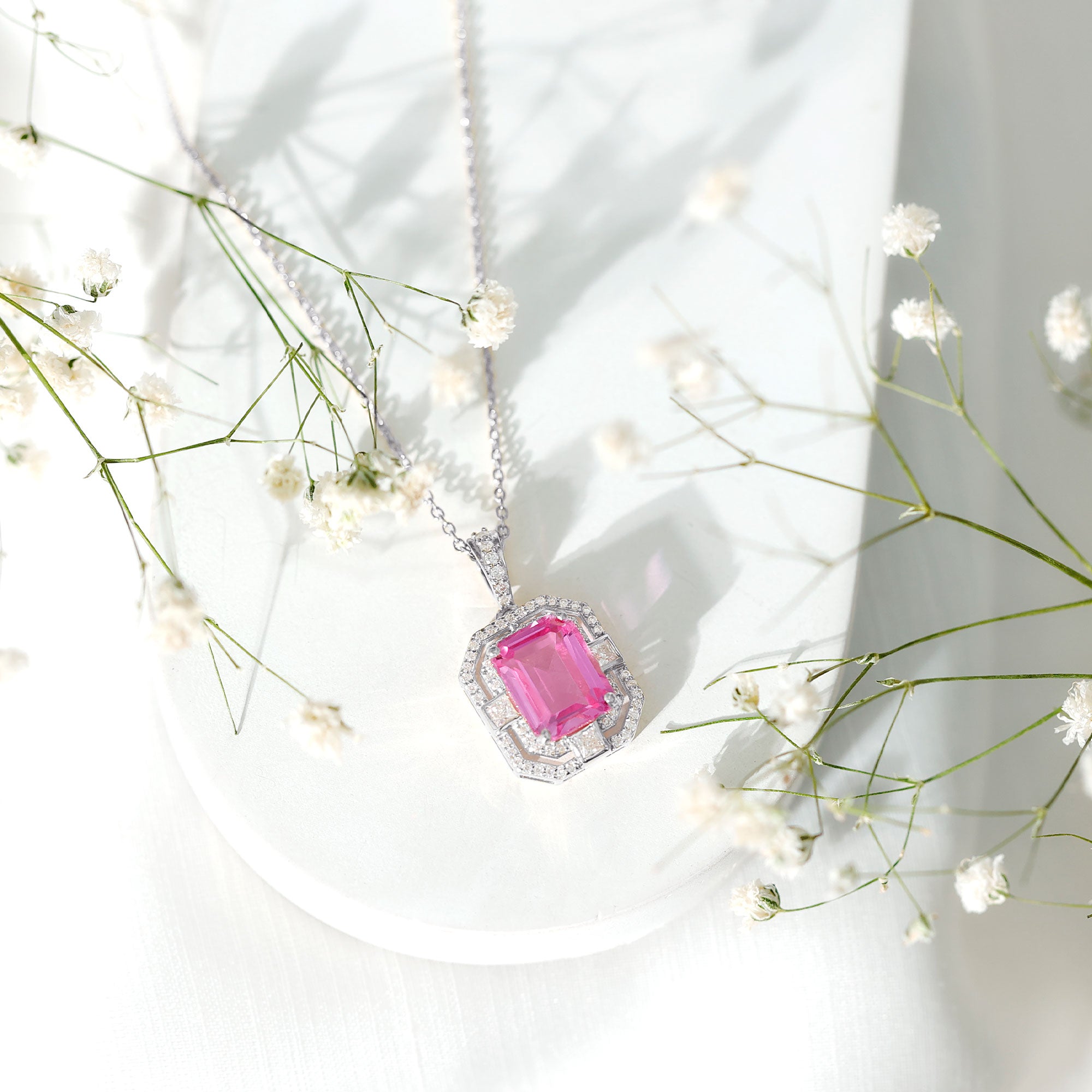 2.7 Carat Lab Created Pink Sapphire Emerald Cut Pendant with Moissanite AAAA - Rosec Jewels