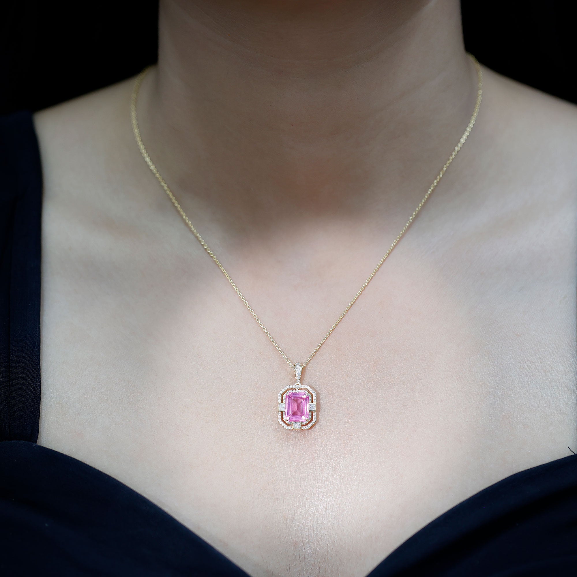 2.7 Carat Lab Created Pink Sapphire Emerald Cut Pendant with Moissanite AAAA - Rosec Jewels