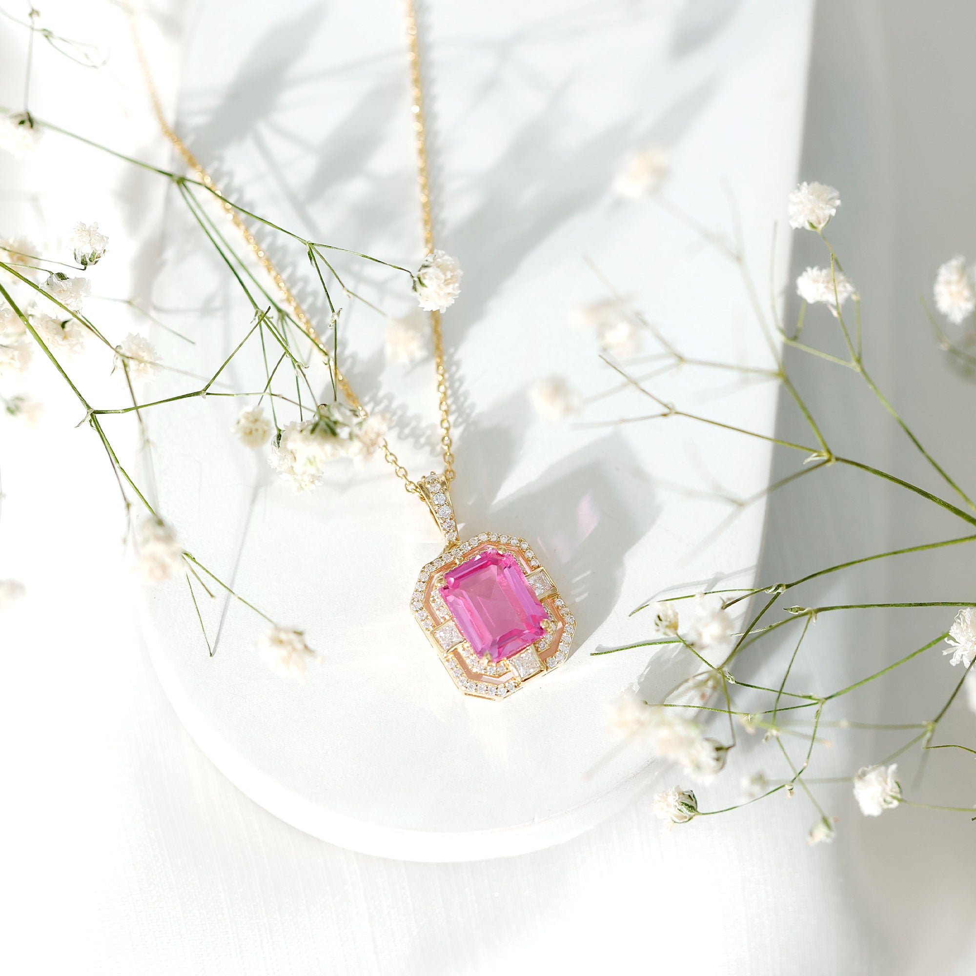 2.7 Carat Lab Created Pink Sapphire Emerald Cut Pendant with Moissanite AAAA - Rosec Jewels