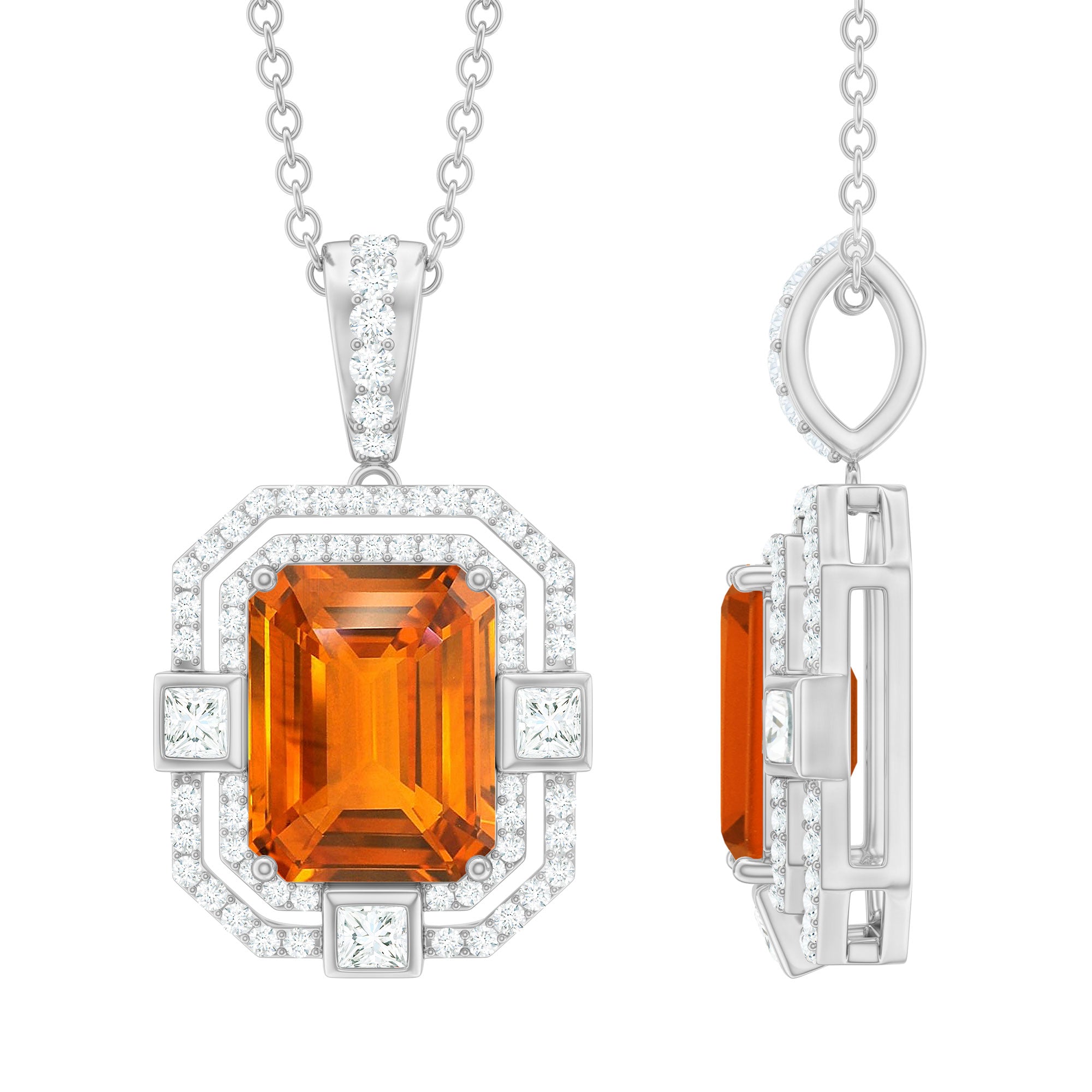 Vintage Emerald Cut Created Orange Sapphire Pendant with Moissanite