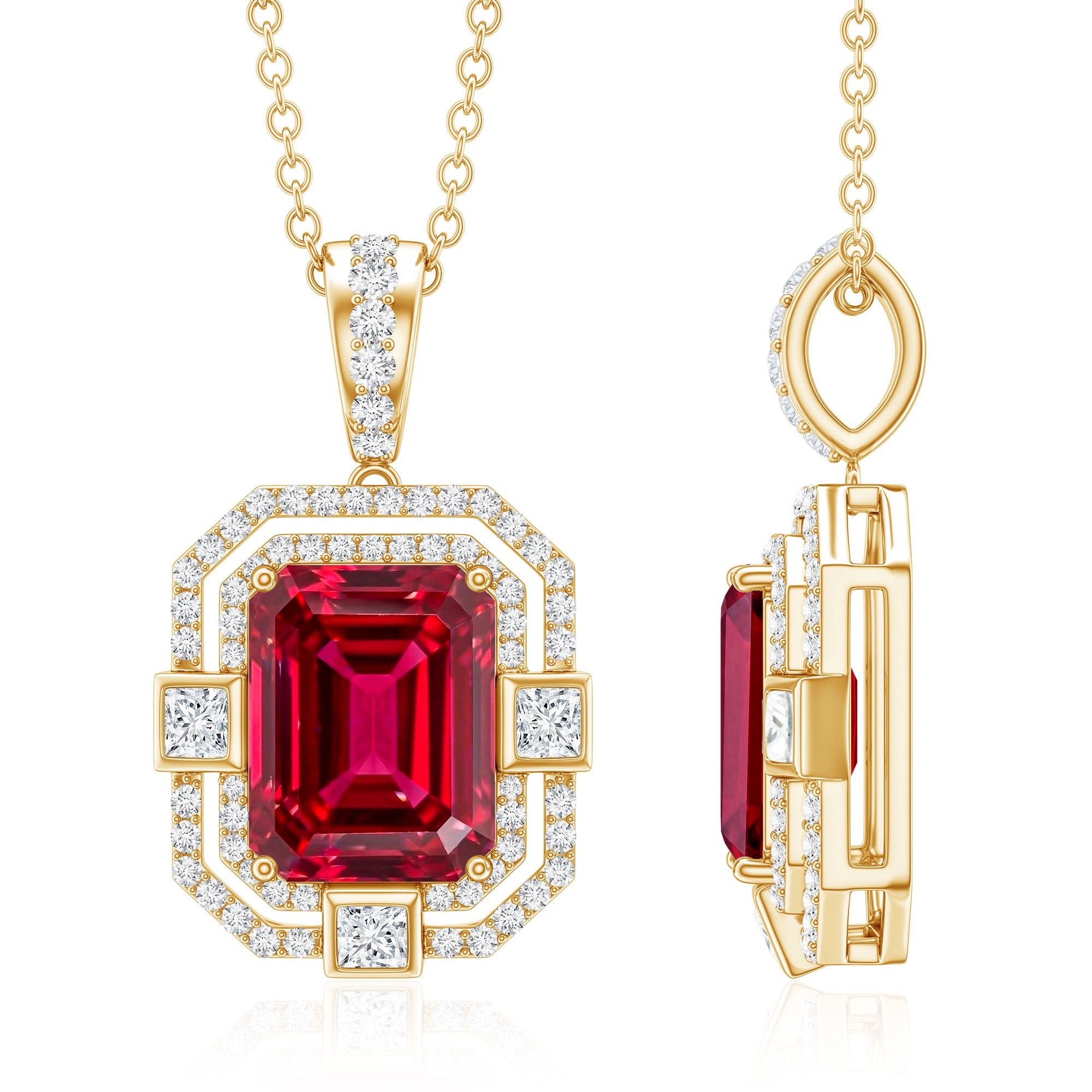 Vintage Inspired Lab Created Ruby Emerald Cut Necklace with Certificate AAAA - Rosec Jewels