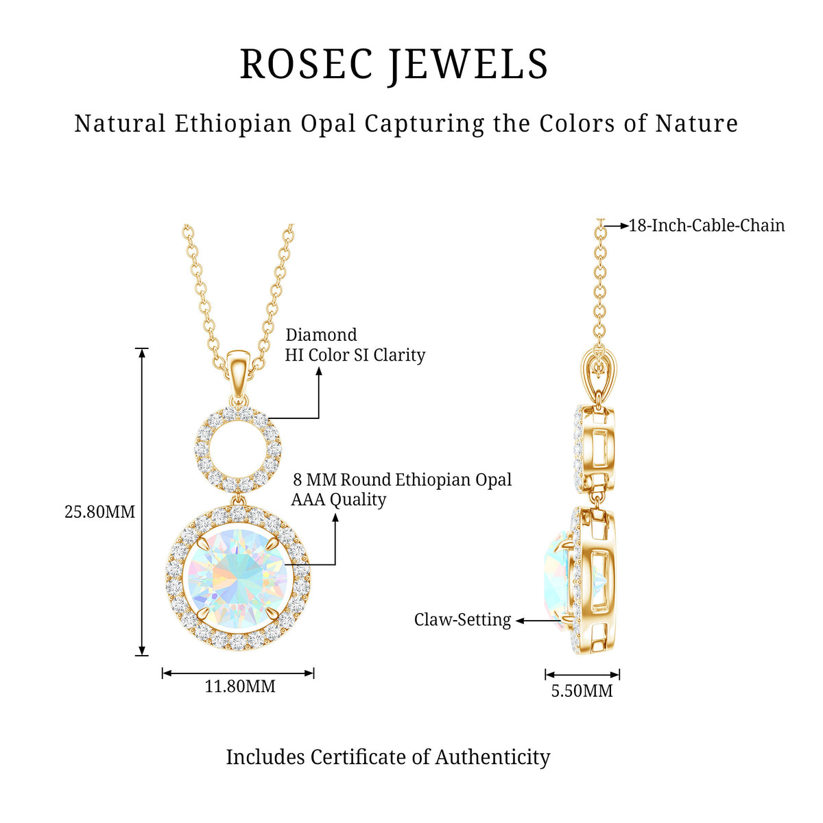 Natural Ethiopian Opal Drop Pendant Necklace with Diamond AAA - Rosec Jewels