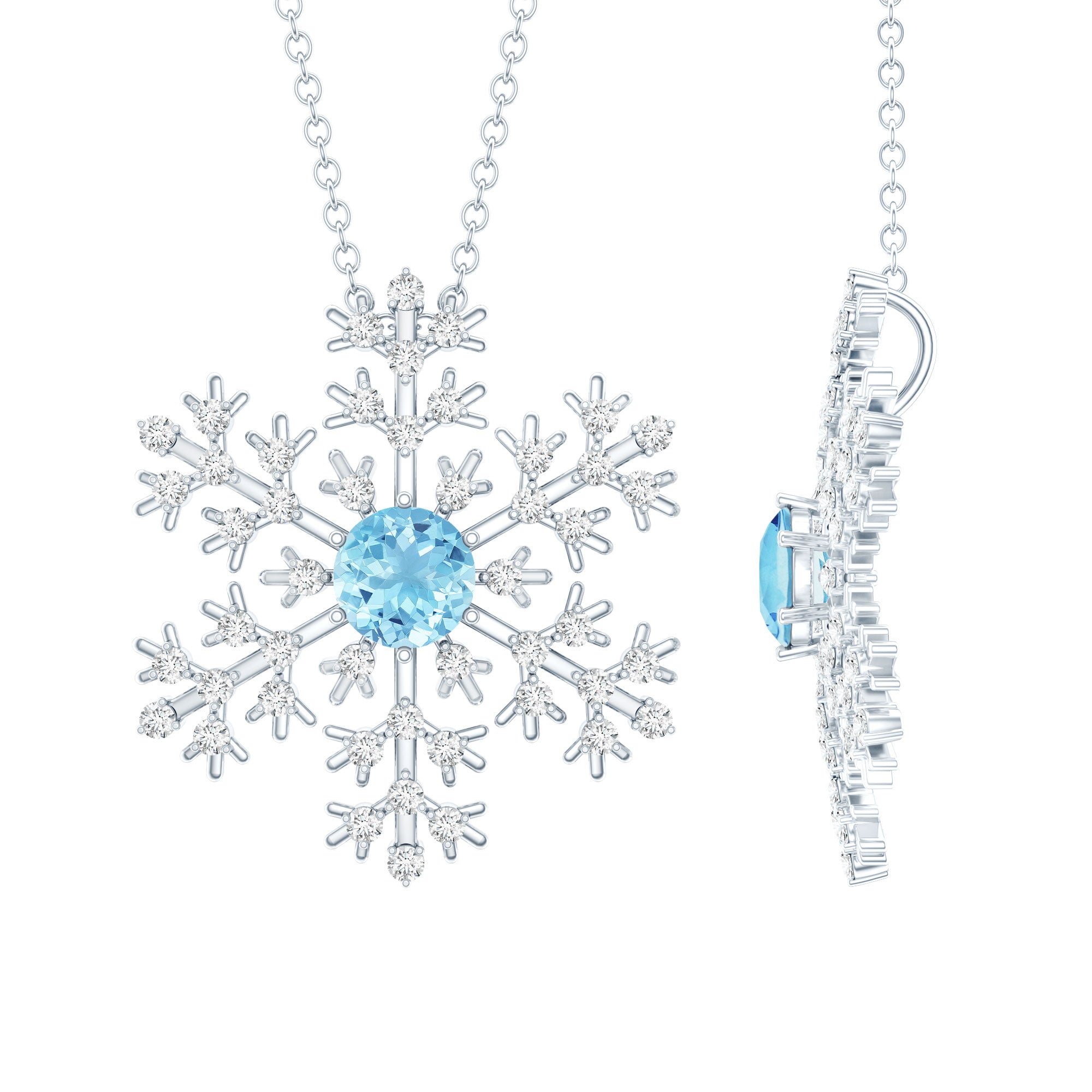 Snowflake Pendant Necklace with Aquamarine and Diamond AAA - Rosec Jewels