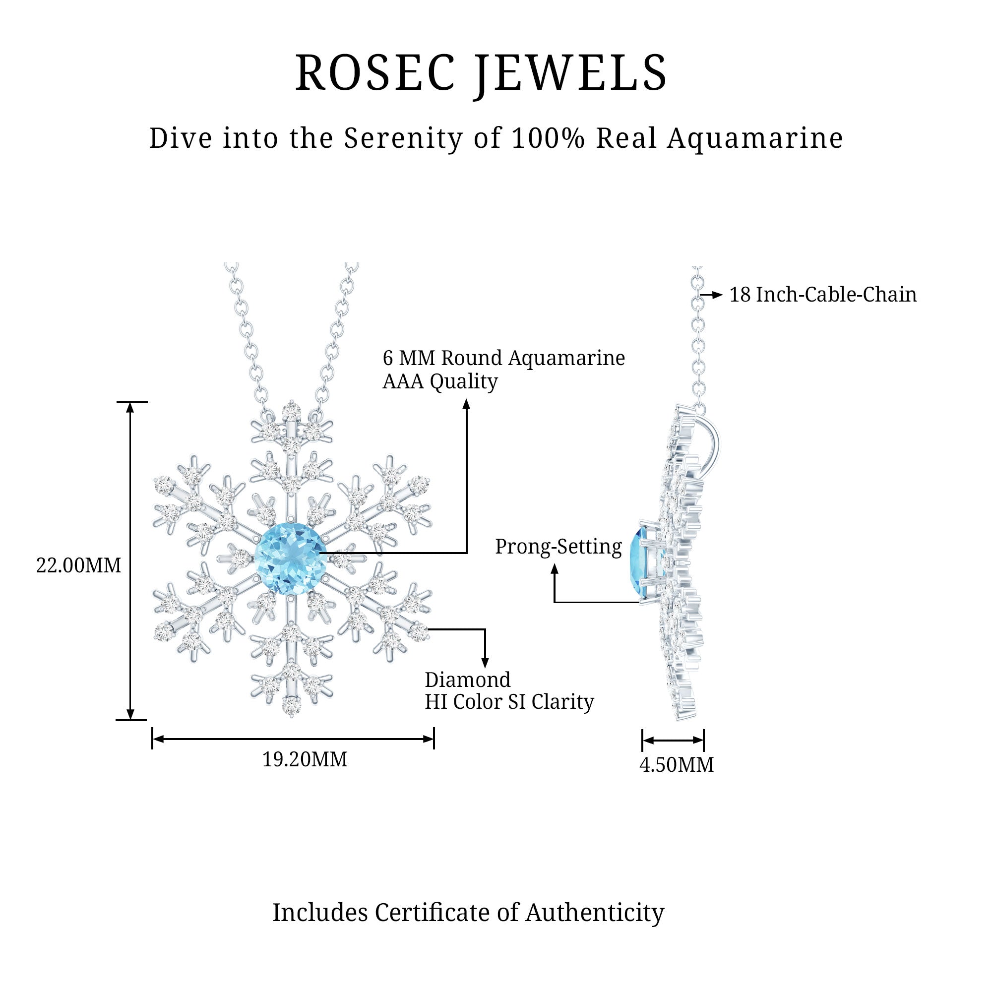 Snowflake Pendant Necklace with Aquamarine and Diamond AAA - Rosec Jewels
