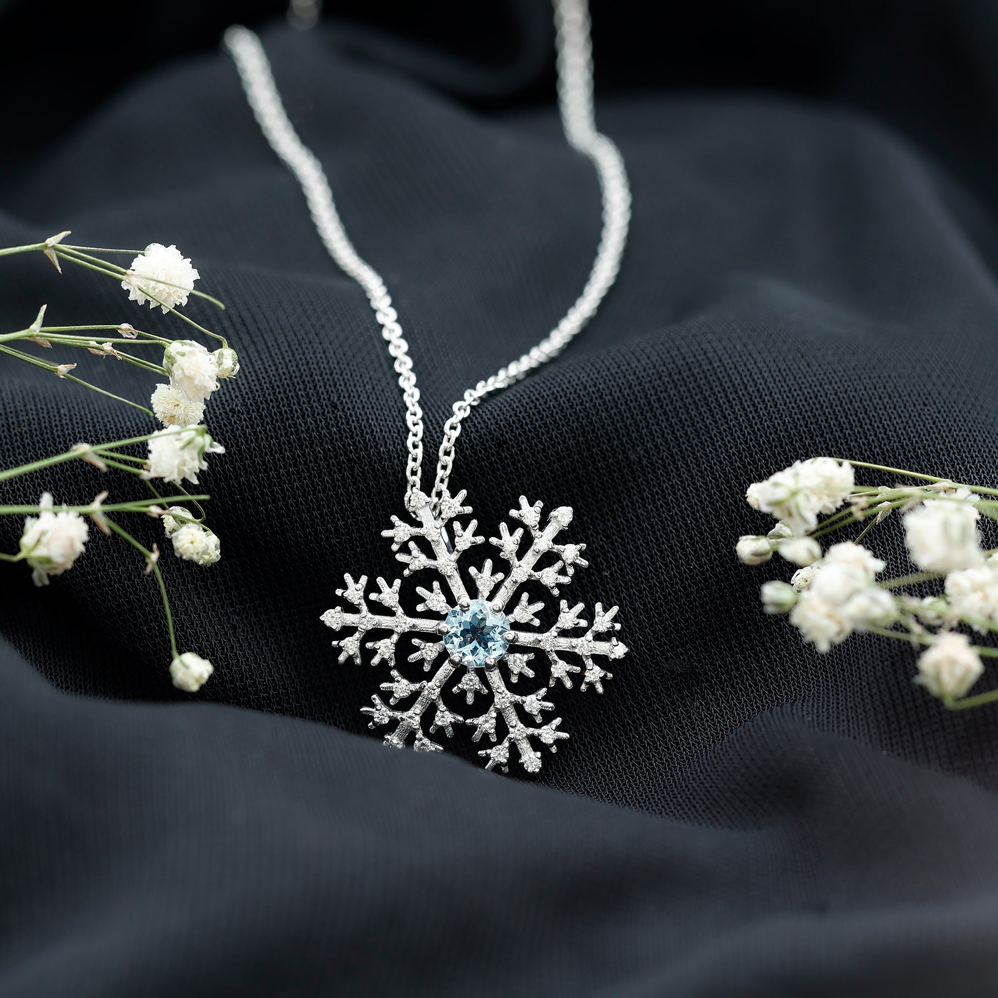 Snowflake Pendant Necklace with Aquamarine and Diamond AAA - Rosec Jewels