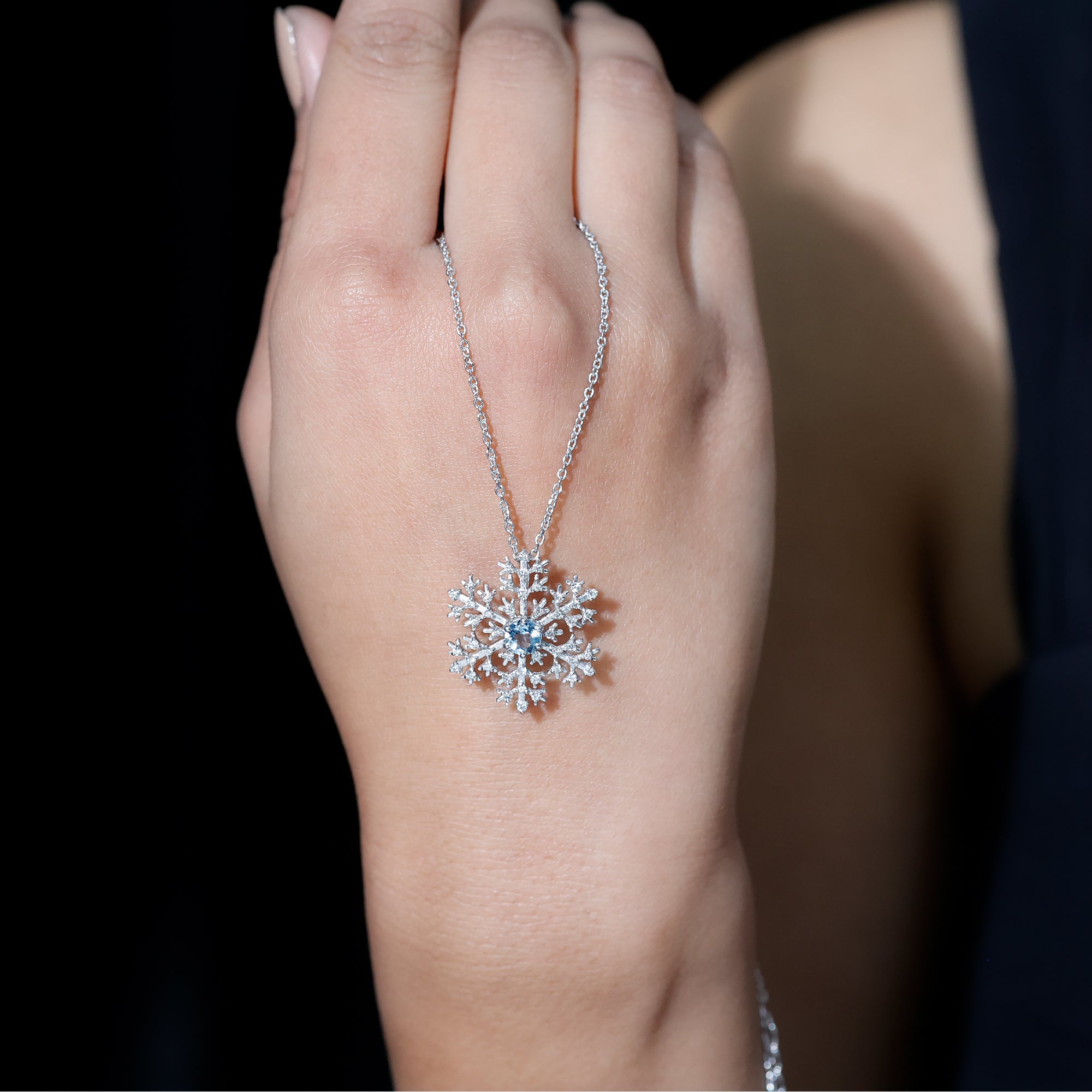 Snowflake Pendant Necklace with Aquamarine and Diamond AAA - Rosec Jewels