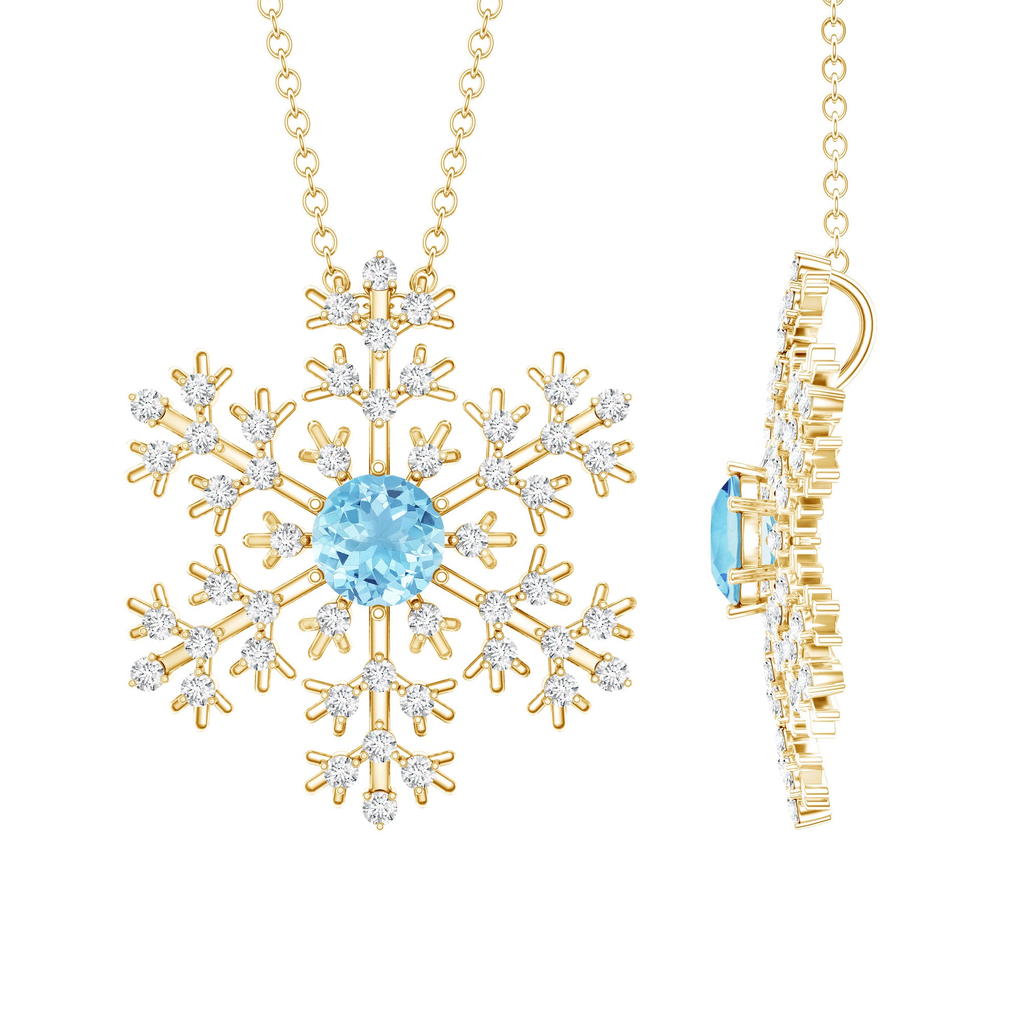 Snowflake Pendant Necklace with Aquamarine and Diamond AAA - Rosec Jewels