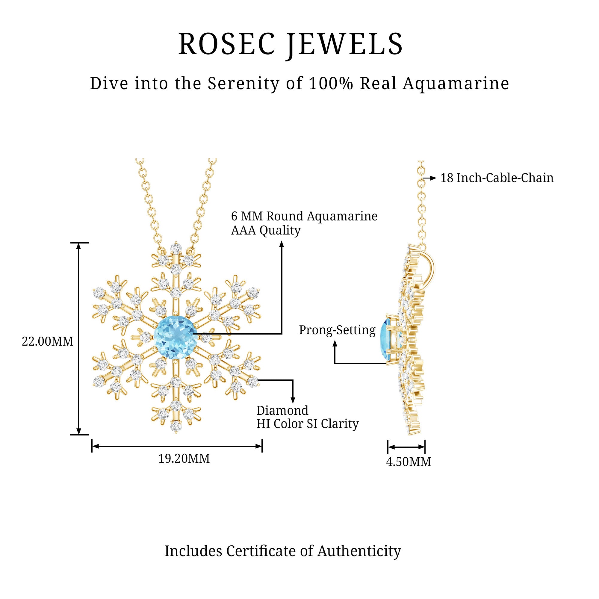 Snowflake Pendant Necklace with Aquamarine and Diamond AAA - Rosec Jewels