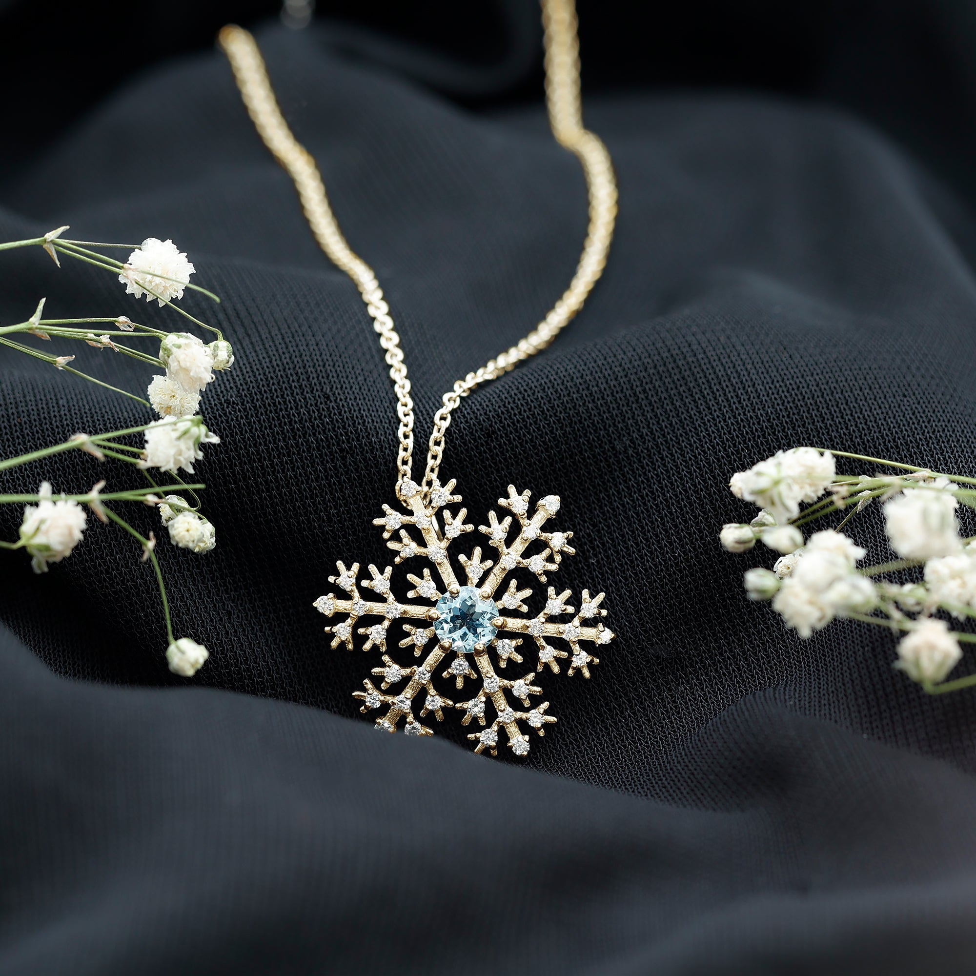 Snowflake Pendant Necklace with Aquamarine and Diamond AAA - Rosec Jewels