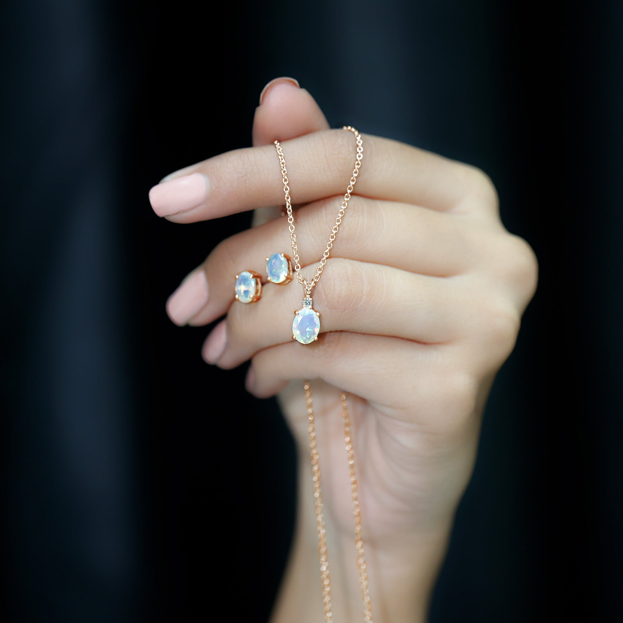 Real 3 Carat Oval Shaped Ethiopian Opal Solitaire Necklace Earrings Set with Diamond AAA - Rosec Jewels