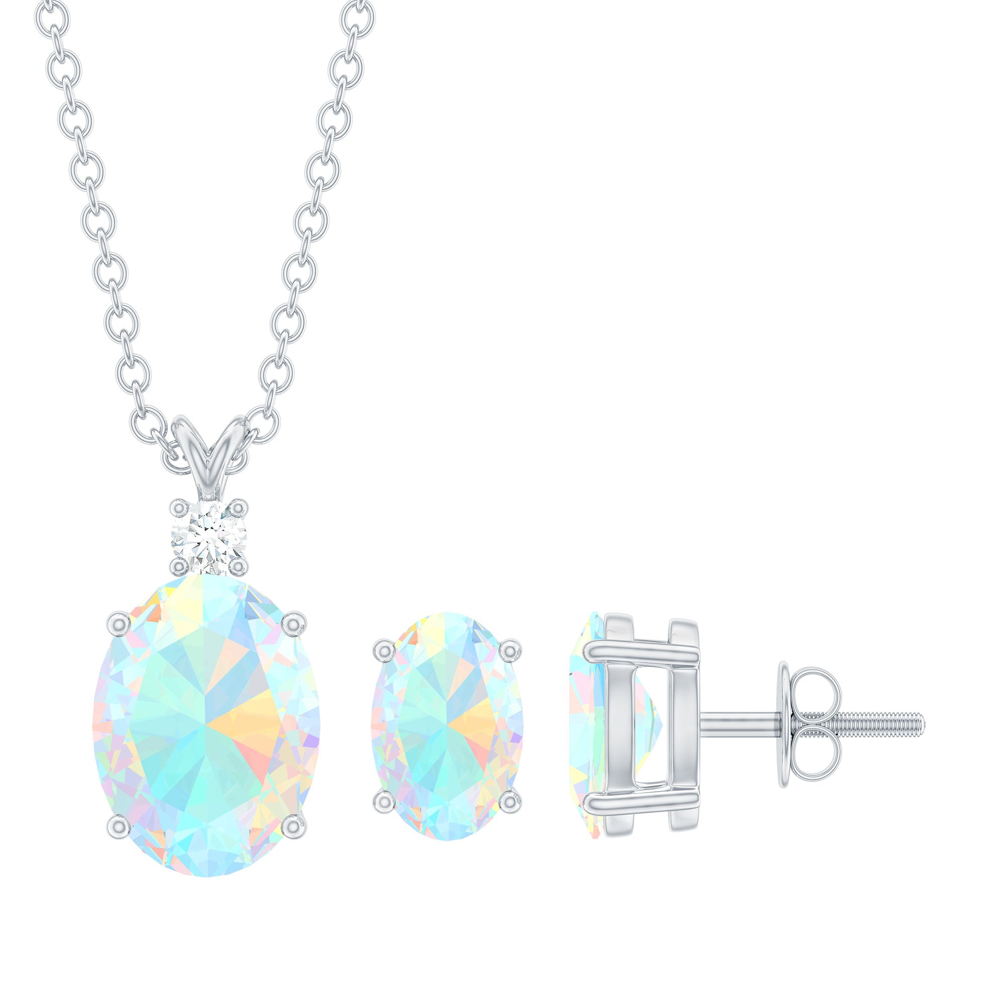 Real 3 Carat Oval Shaped Ethiopian Opal Solitaire Necklace Earrings Set with Diamond AAA - Rosec Jewels