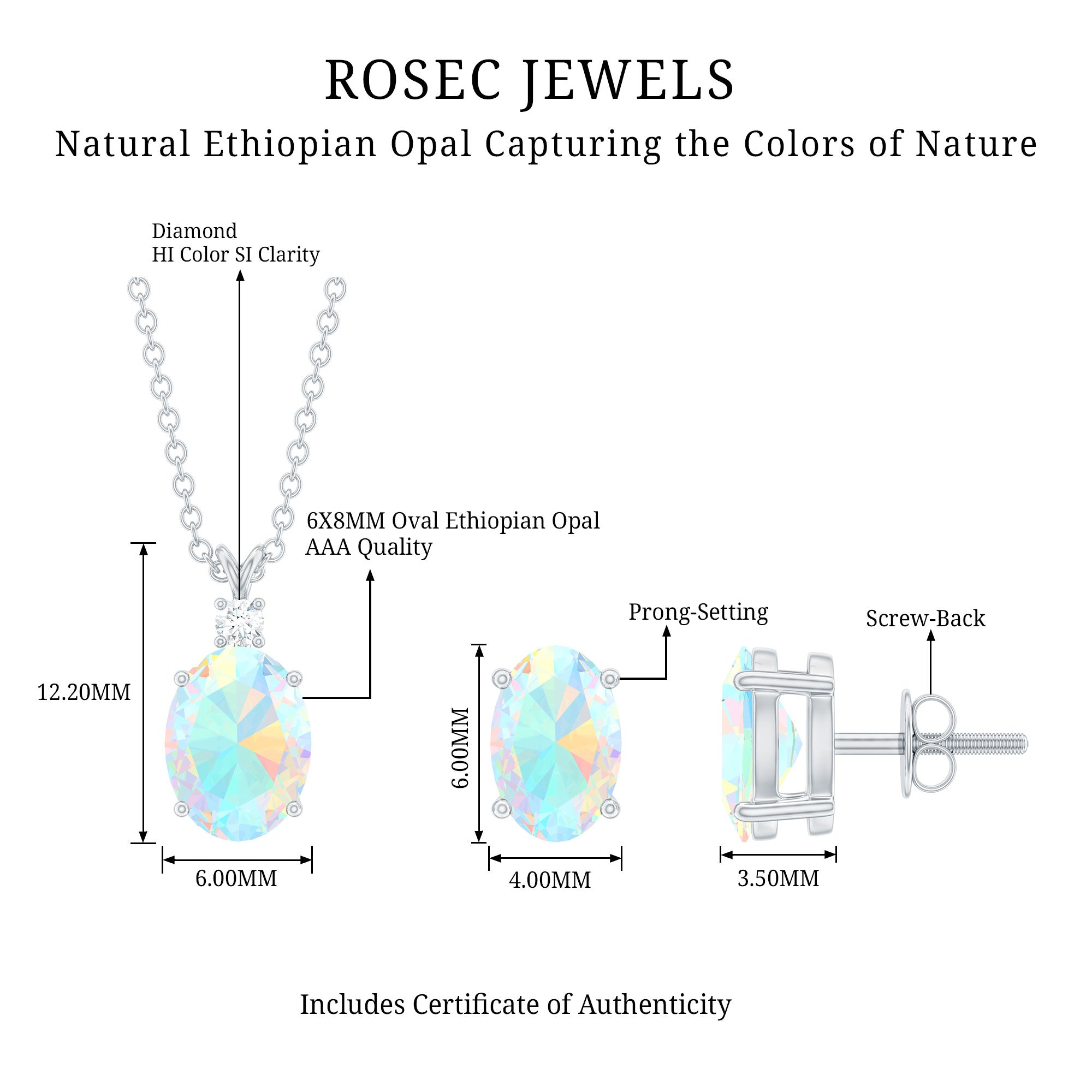 Real 3 Carat Oval Shaped Ethiopian Opal Solitaire Necklace Earrings Set with Diamond AAA - Rosec Jewels
