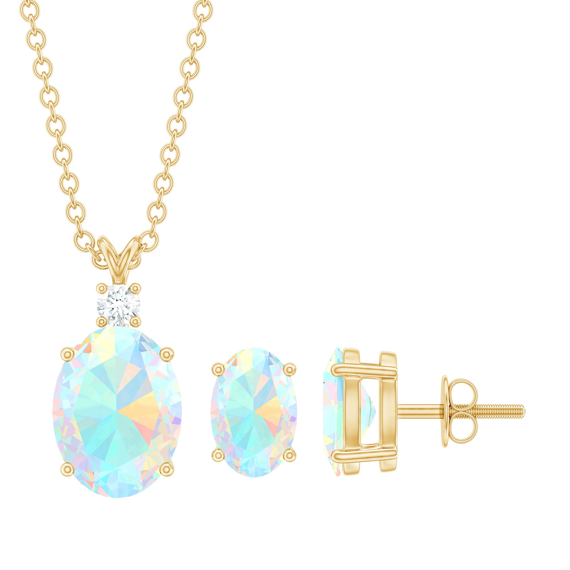 Real 3 Carat Oval Shaped Ethiopian Opal Solitaire Necklace Earrings Set with Diamond AAA - Rosec Jewels