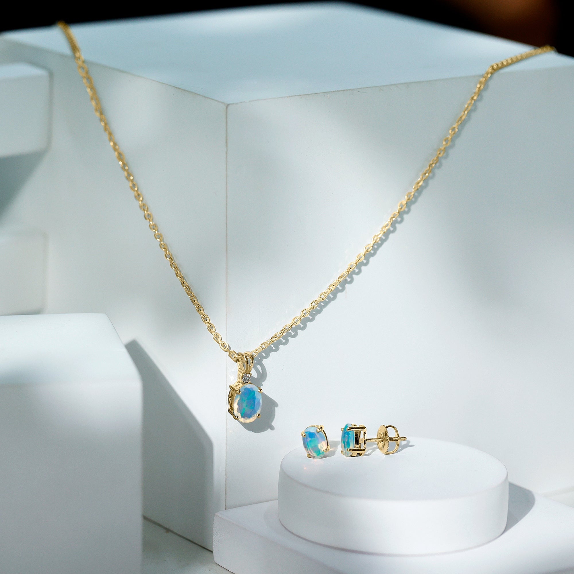 Real 3 Carat Oval Shaped Ethiopian Opal Solitaire Necklace Earrings Set with Diamond AAA - Rosec Jewels