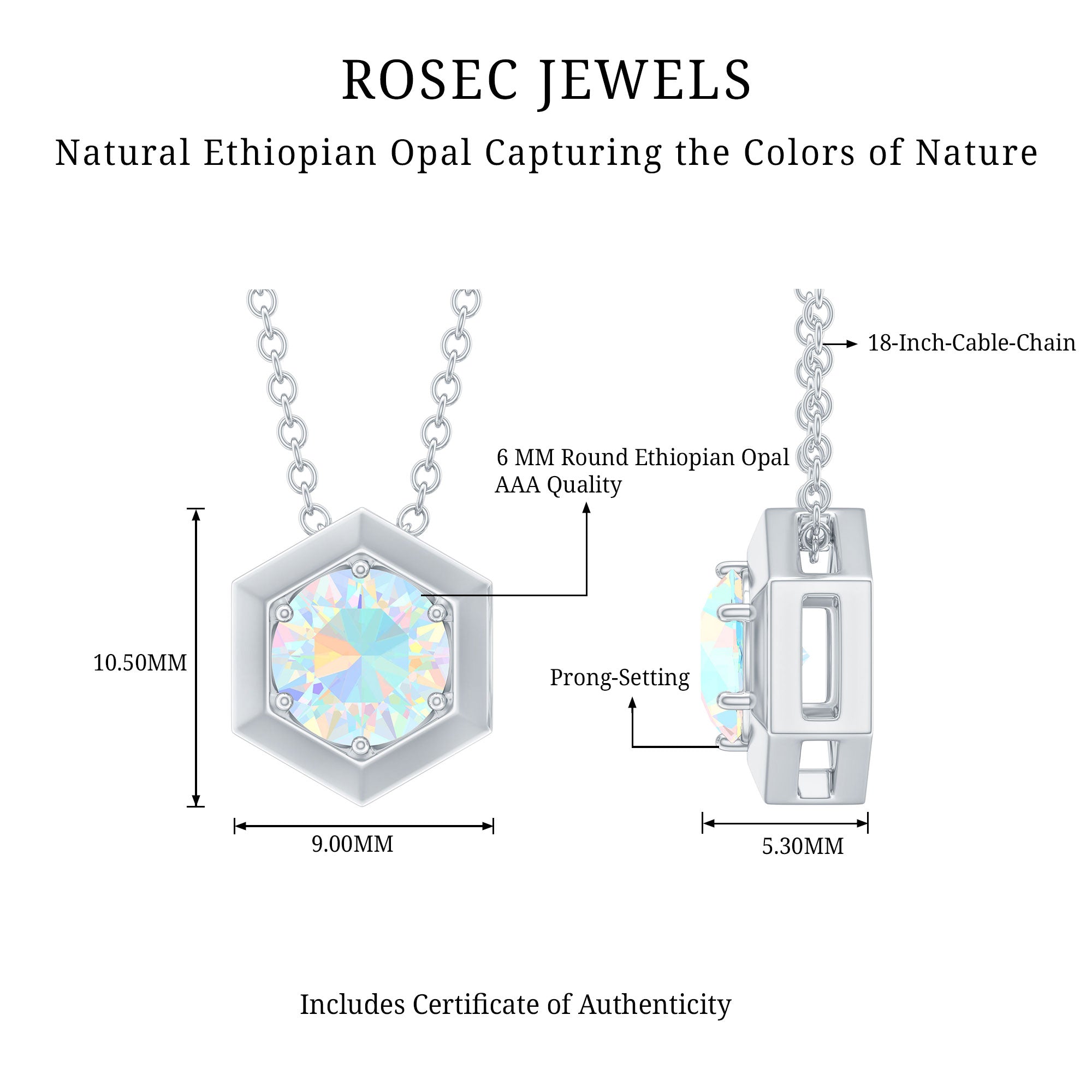 Solitaire Ethiopian Opal Hexagon Pendant Necklace AAA - Rosec Jewels