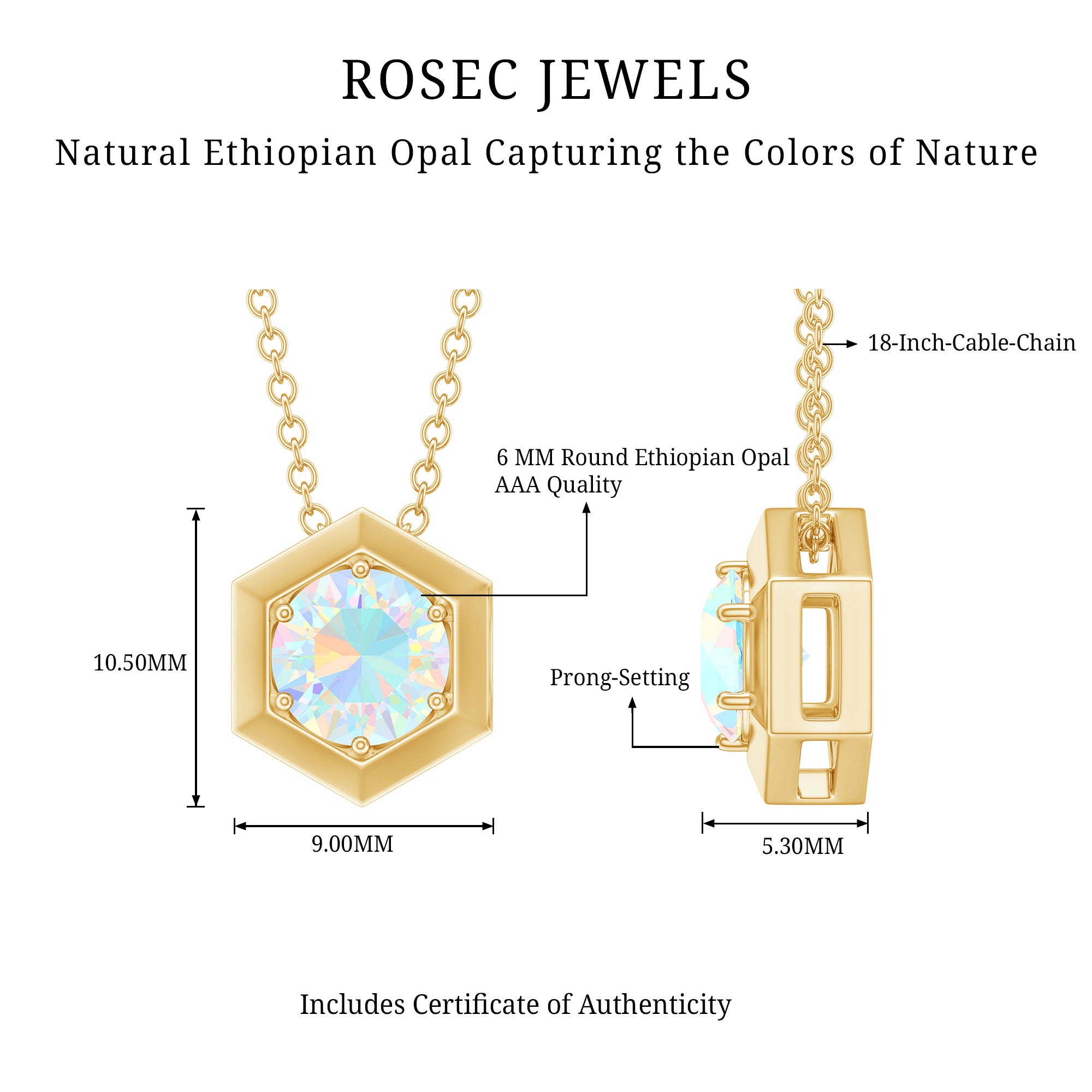 Solitaire Ethiopian Opal Hexagon Pendant Necklace AAA - Rosec Jewels