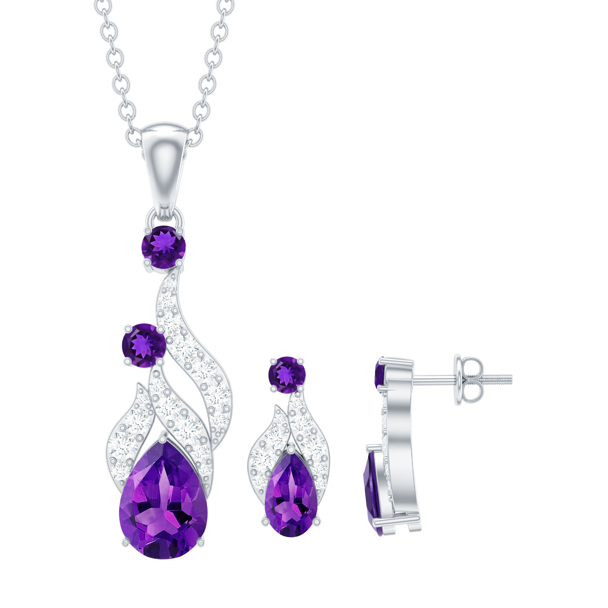 Echte Amethist en Diamant Bruids Dangle Hanger Oorbellen Set