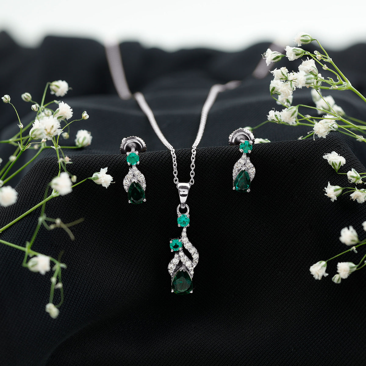 Lab Created Emerald and Diamond Designer Jewelry Set AAAA - Rosec Jewels