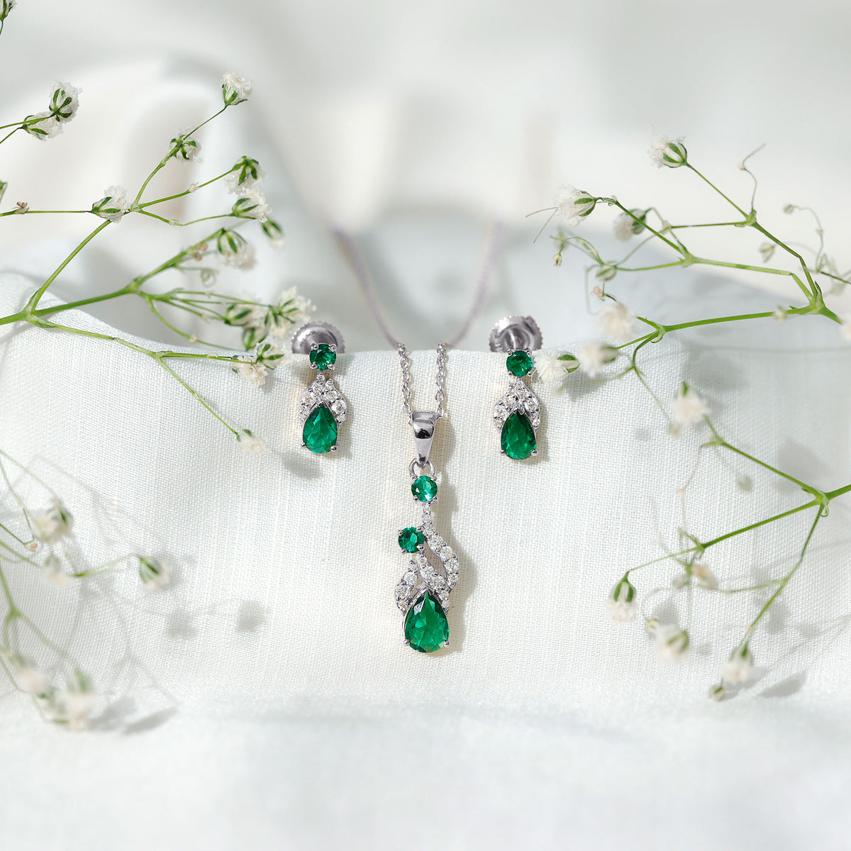 Lab Created Emerald and Diamond Designer Jewelry Set AAAA - Rosec Jewels