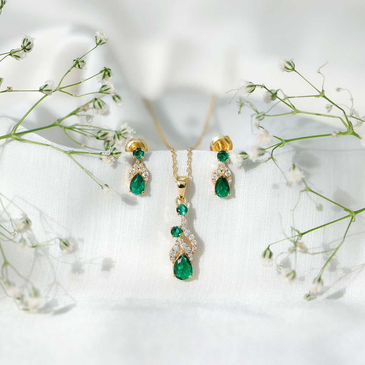 Lab Created Emerald and Diamond Designer Jewelry Set AAAA - Rosec Jewels