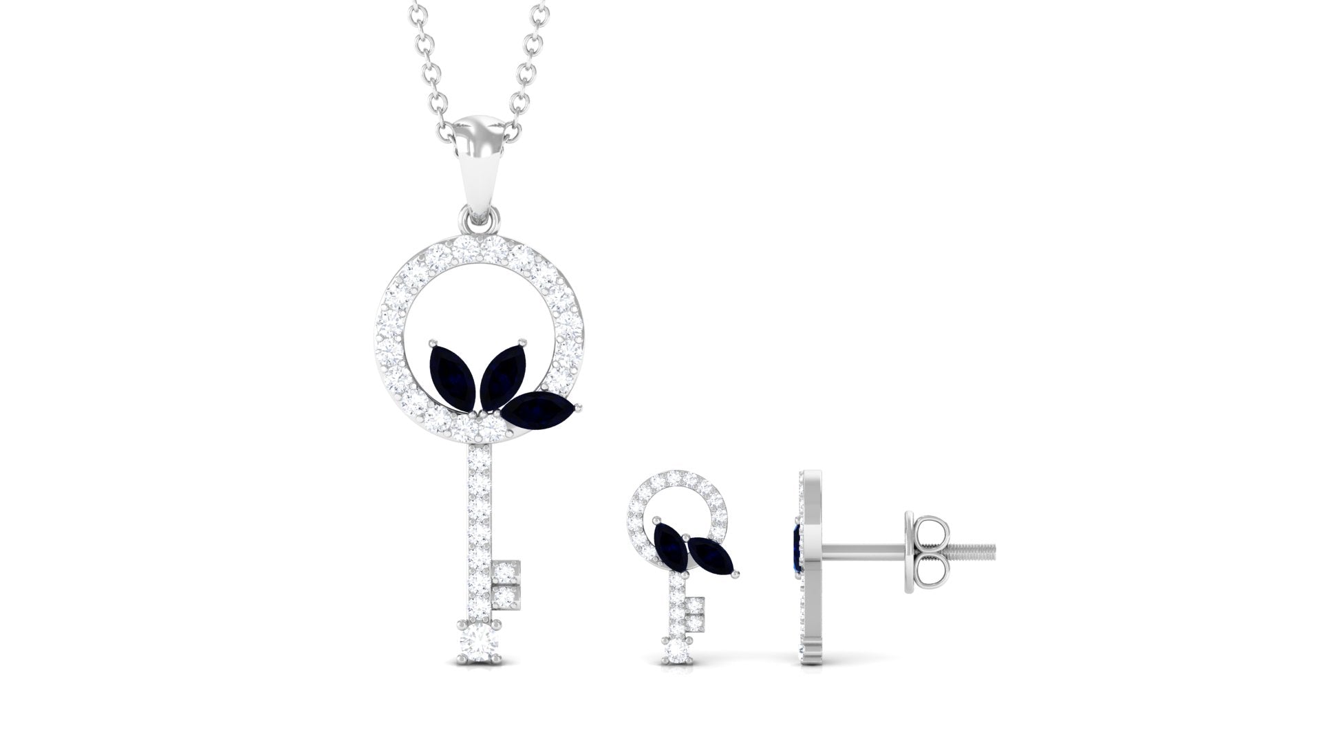 Marquise Cut Blue Sapphire and Diamond Key Pendant and Earrings