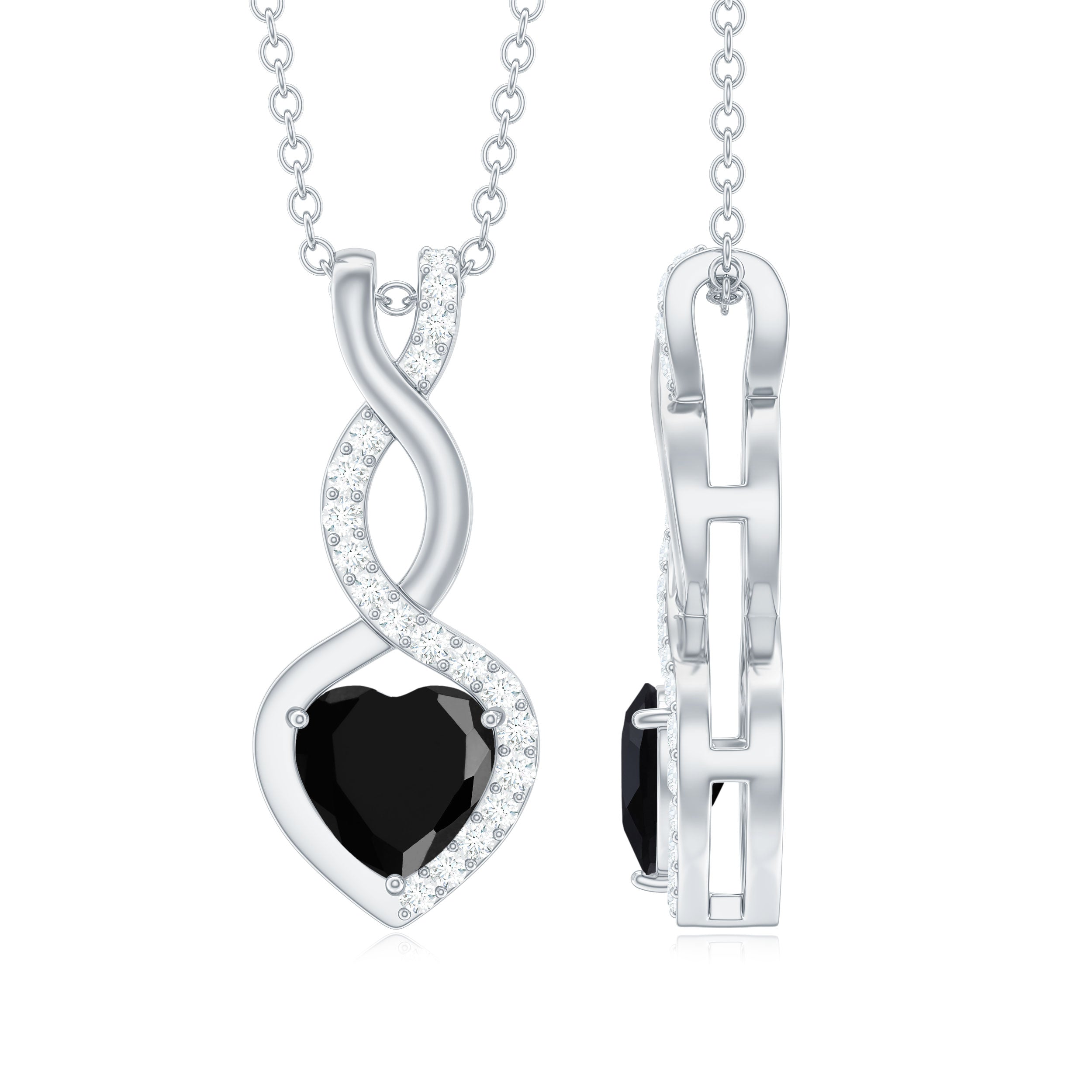 2 Carat Black Onyx Infinity Heart Pendant with Diamond AAA - Rosec Jewels