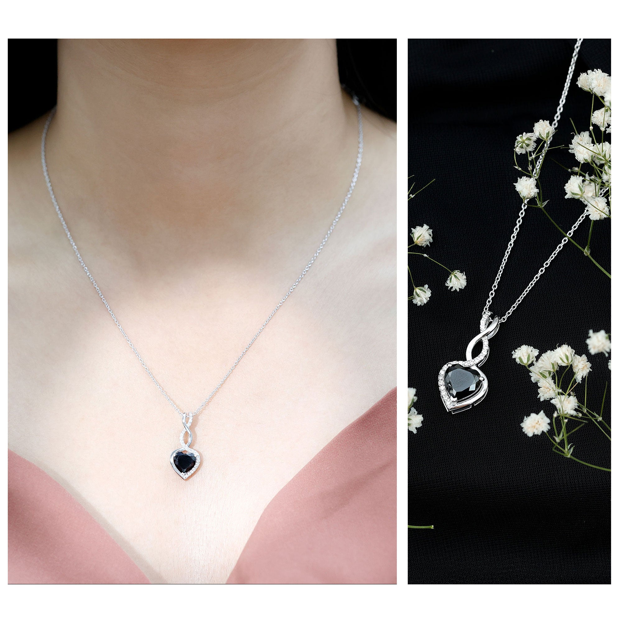 2 Carat Black Onyx Infinity Heart Pendant with Diamond AAA - Rosec Jewels