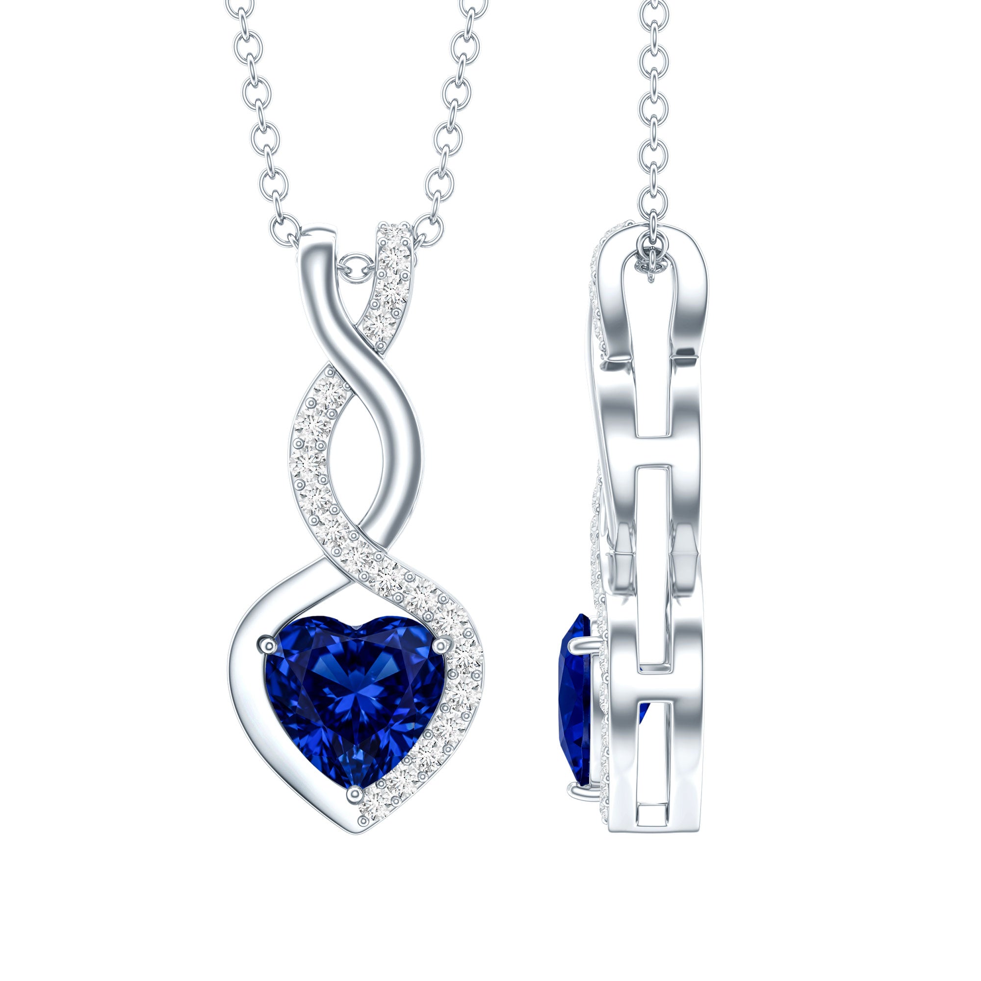 Certified Lab Grown Blue Sapphire Infinity Heart Necklace with Chain AAAA - Rosec Jewels