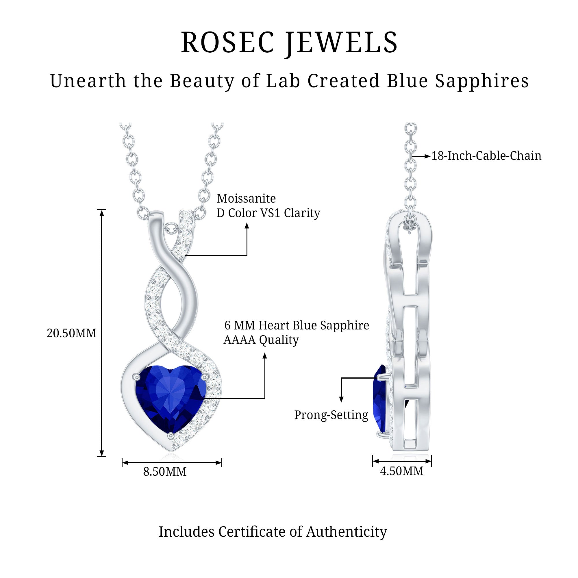 Certified Lab Grown Blue Sapphire Infinity Heart Necklace with Chain AAAA - Rosec Jewels
