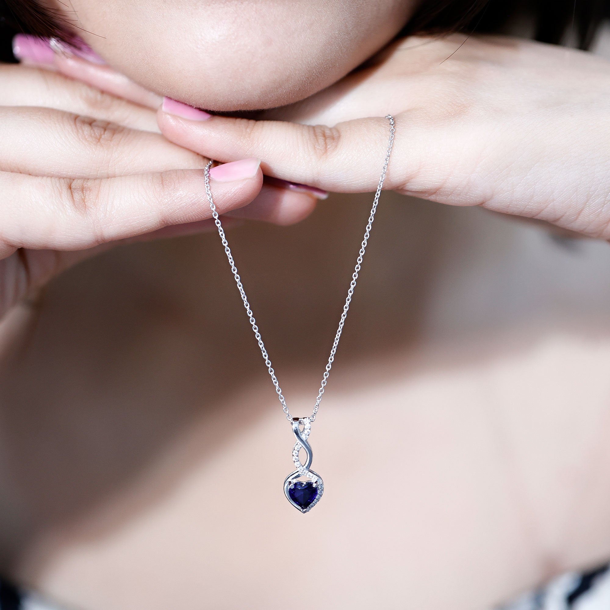 Certified Lab Grown Blue Sapphire Infinity Heart Necklace with Chain AAAA - Rosec Jewels