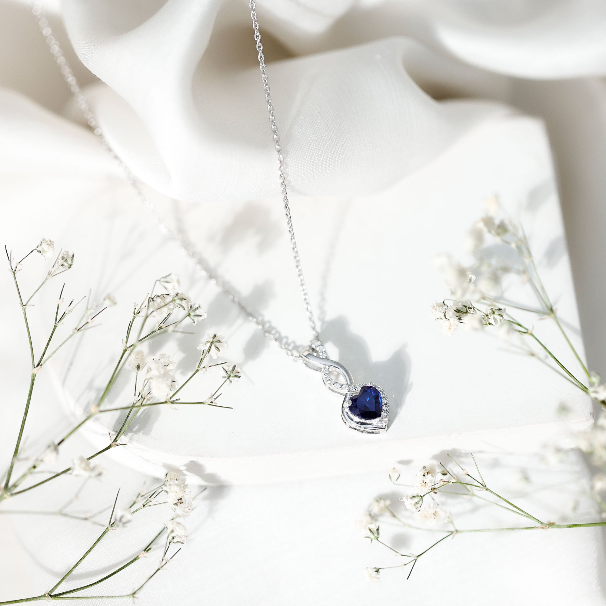 Certified Lab Grown Blue Sapphire Infinity Heart Necklace with Chain AAAA - Rosec Jewels