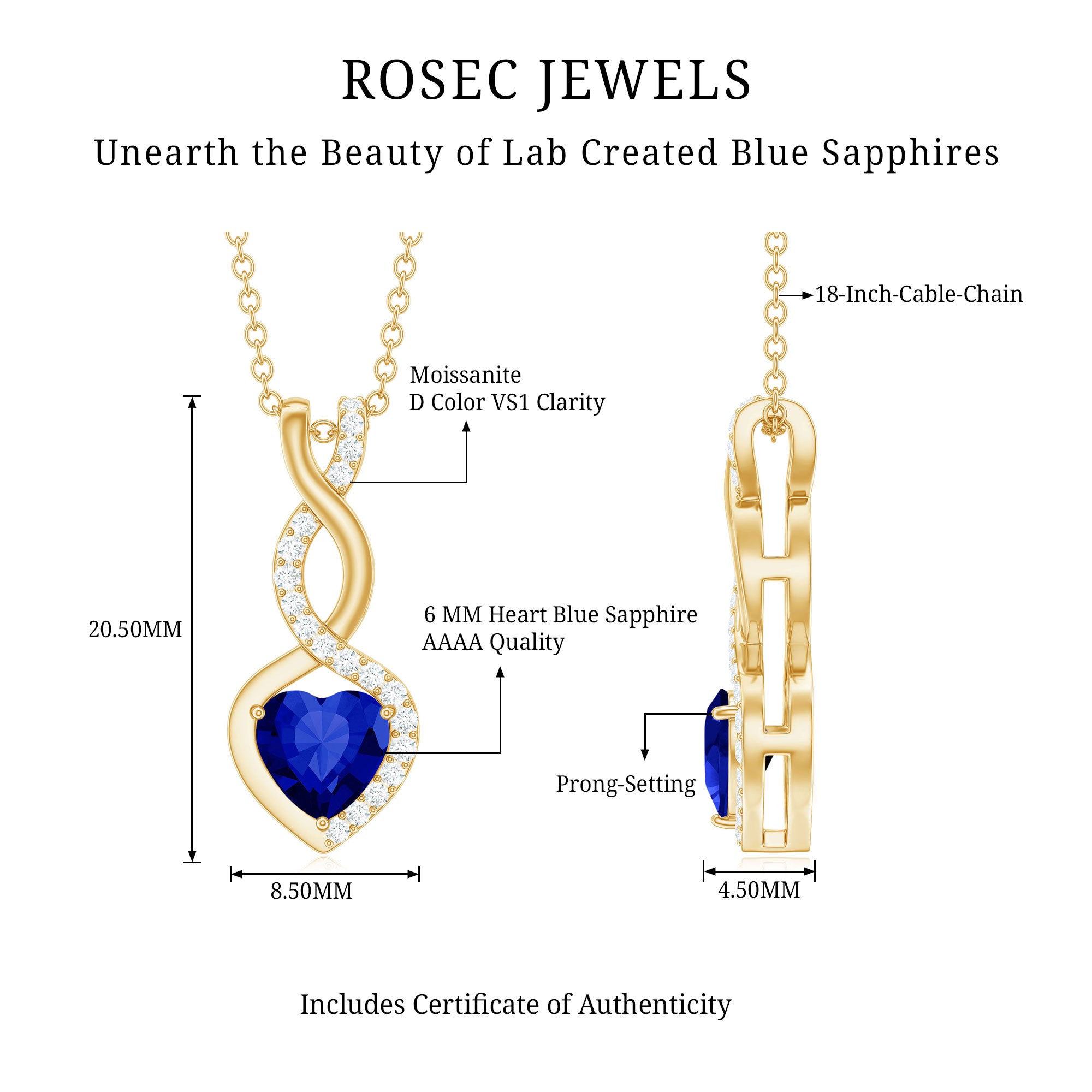 Certified Lab Grown Blue Sapphire Infinity Heart Necklace with Chain AAAA - Rosec Jewels