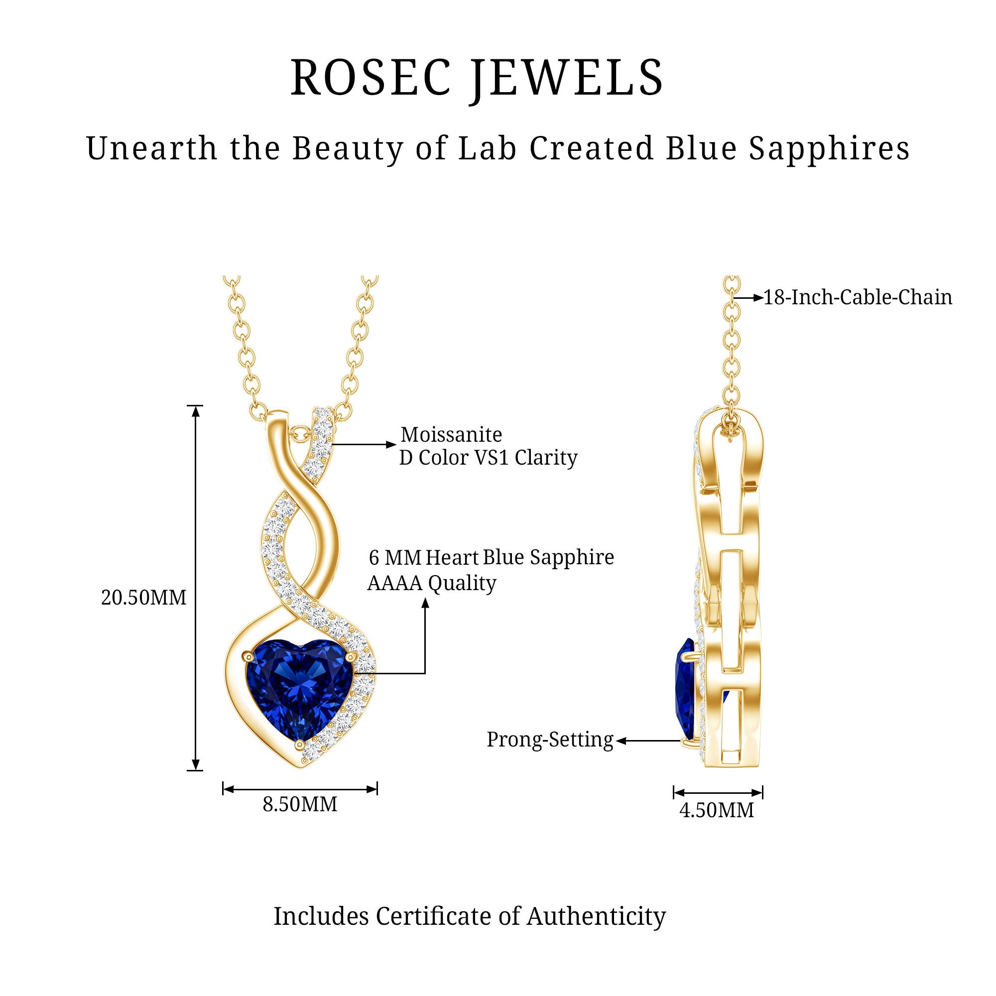 Certified Lab Grown Blue Sapphire Infinity Heart Necklace with Chain AAAA - Rosec Jewels