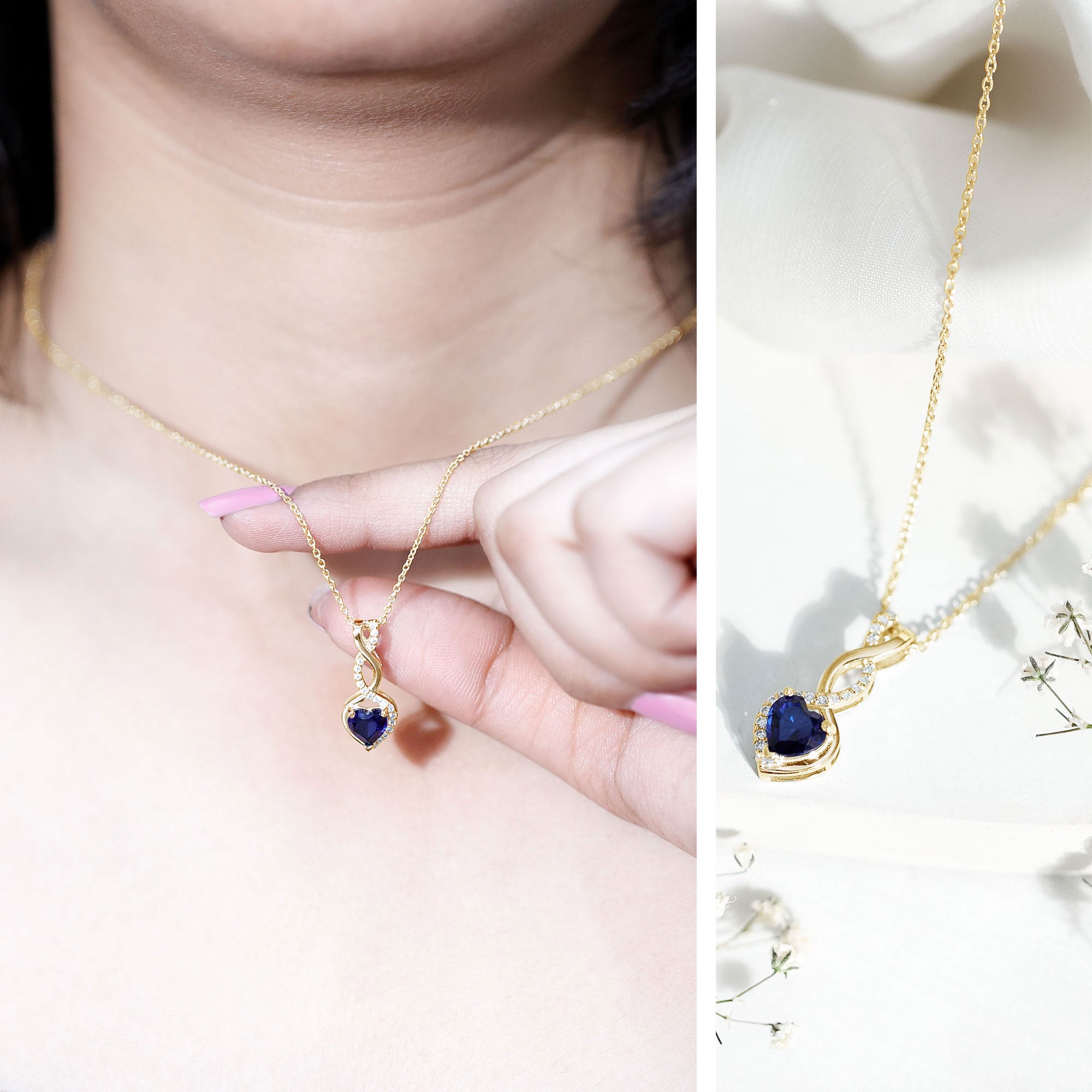 Certified Lab Grown Blue Sapphire Infinity Heart Necklace with Chain AAAA - Rosec Jewels